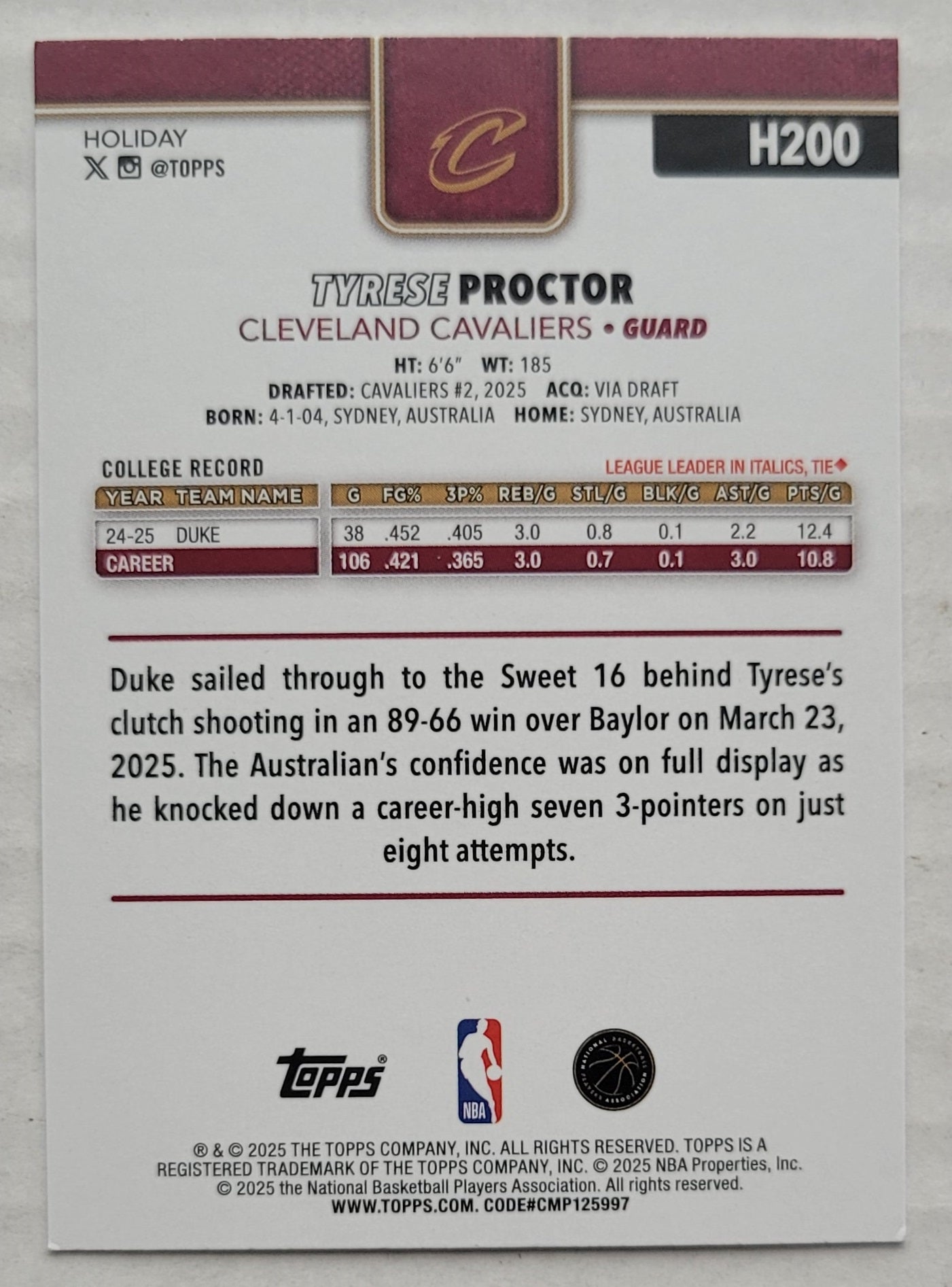 Tyrese Proctor - 2025-26 Topps Holiday #H200 RC