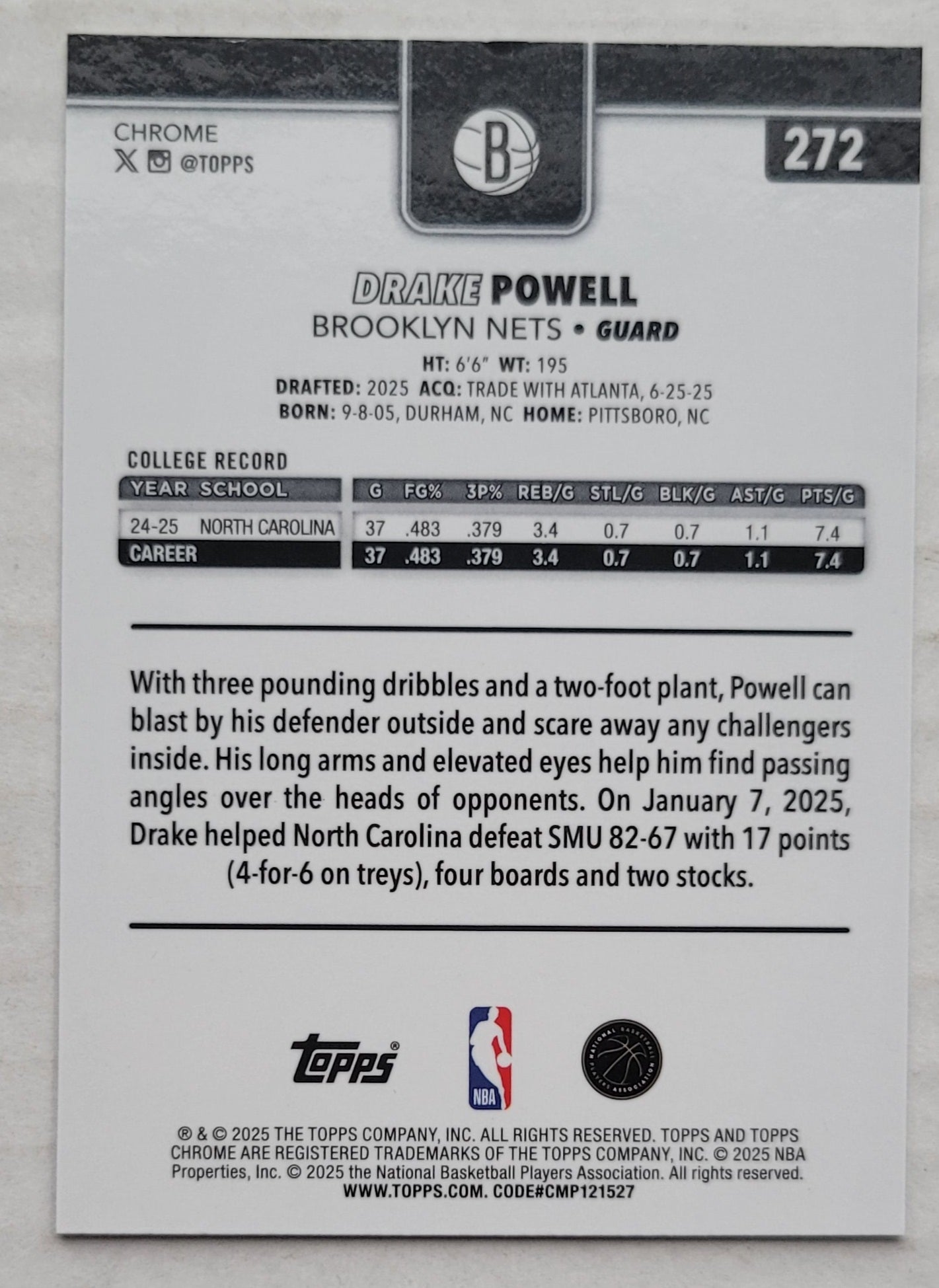Drake Powell - 2025-26 Topps Chrome #272 RC