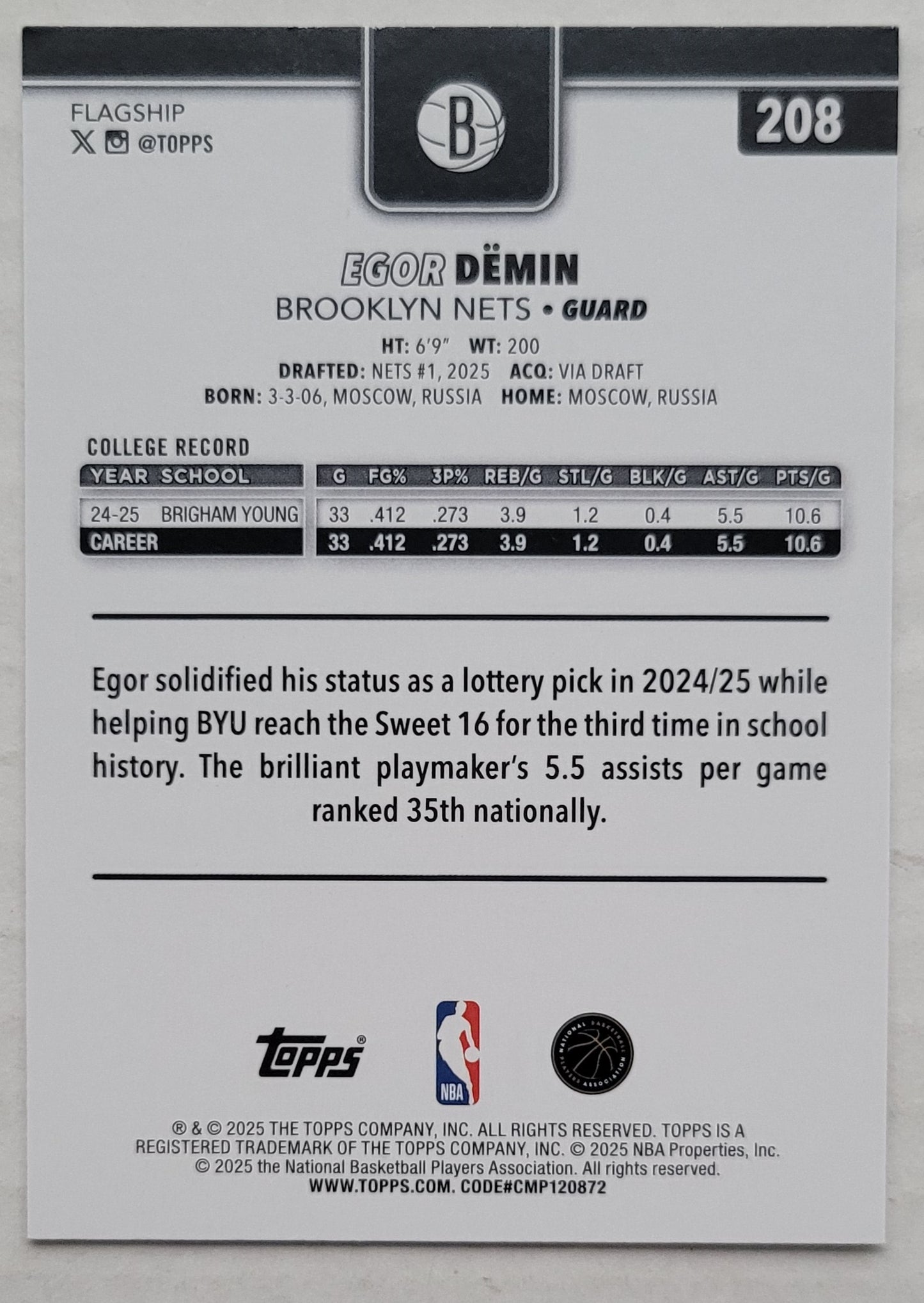 Egor Demin - 2025-26 Topps Season Tip Off #208 RC