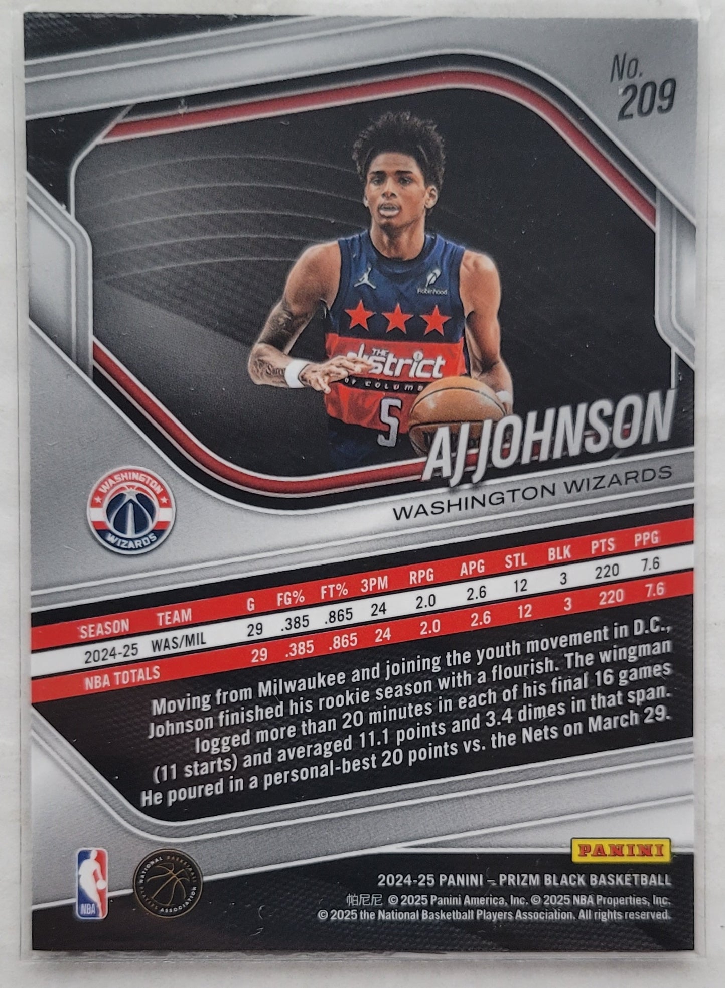 AJ Johnson - 2024-25 Panini Prizm Black #209 RC