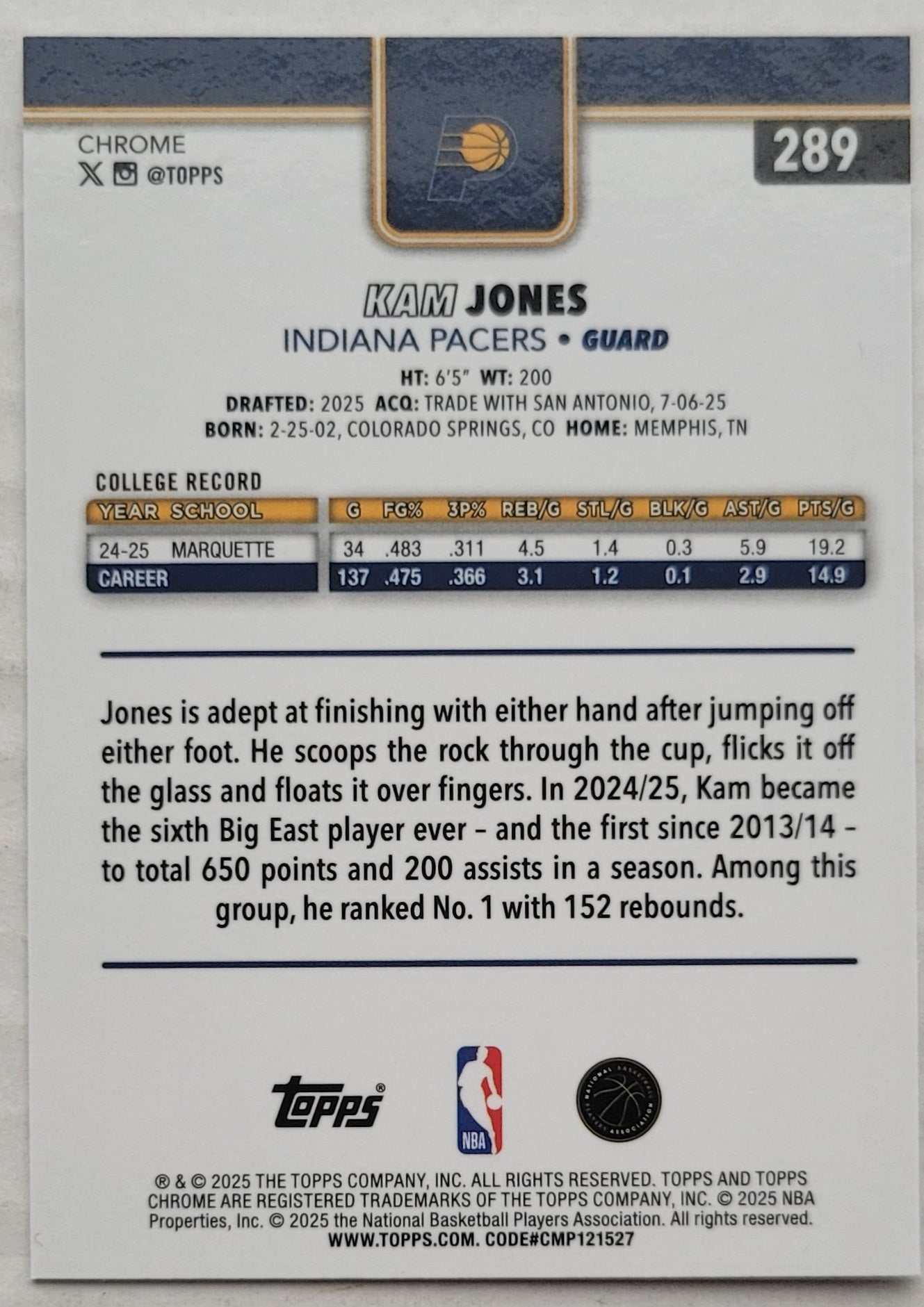 Kam Jones - 2025-26 Topps Chrome #289 RC