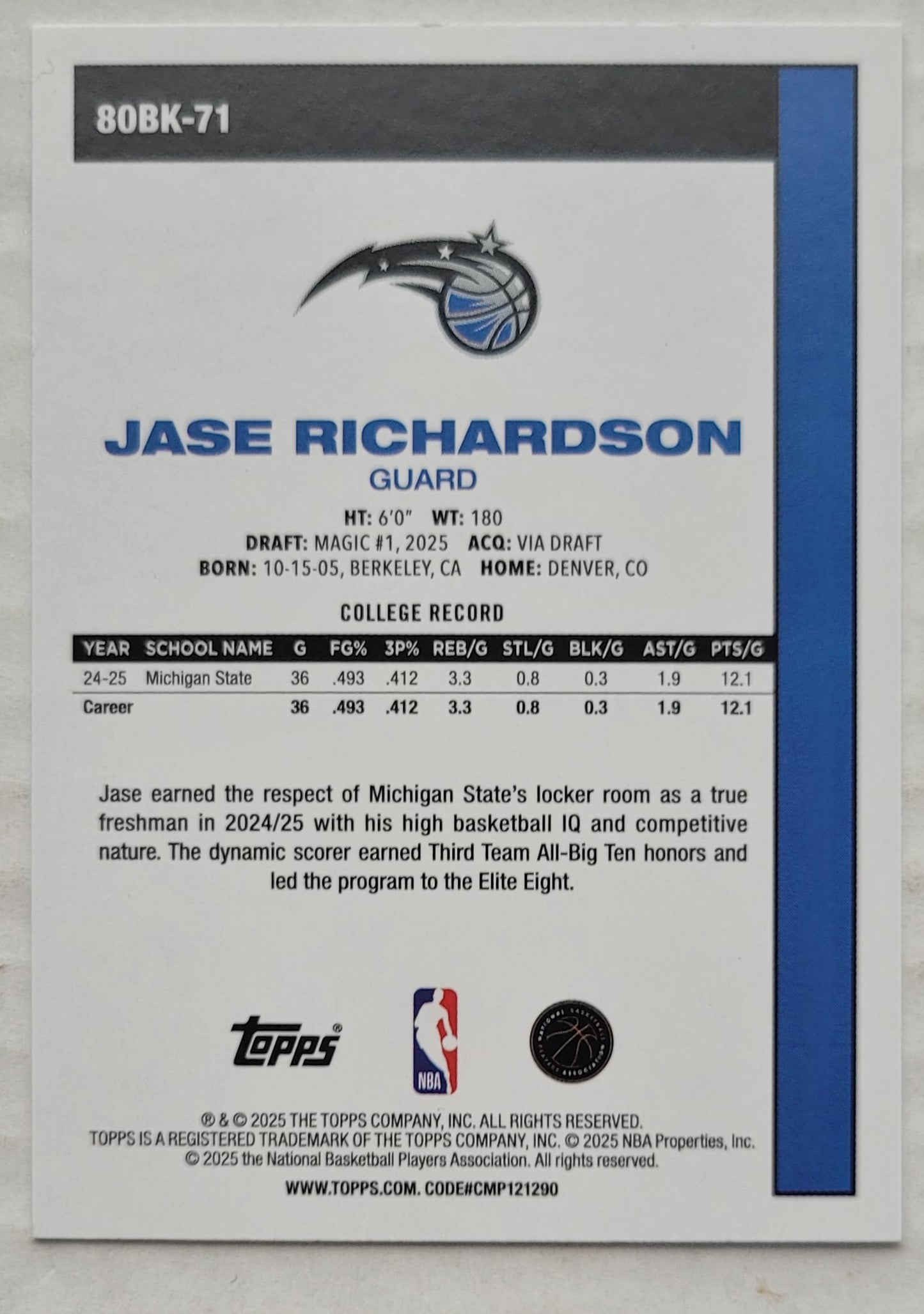 Jase Richardson - 2025-26 Topps '80-81 Topps #80BK71