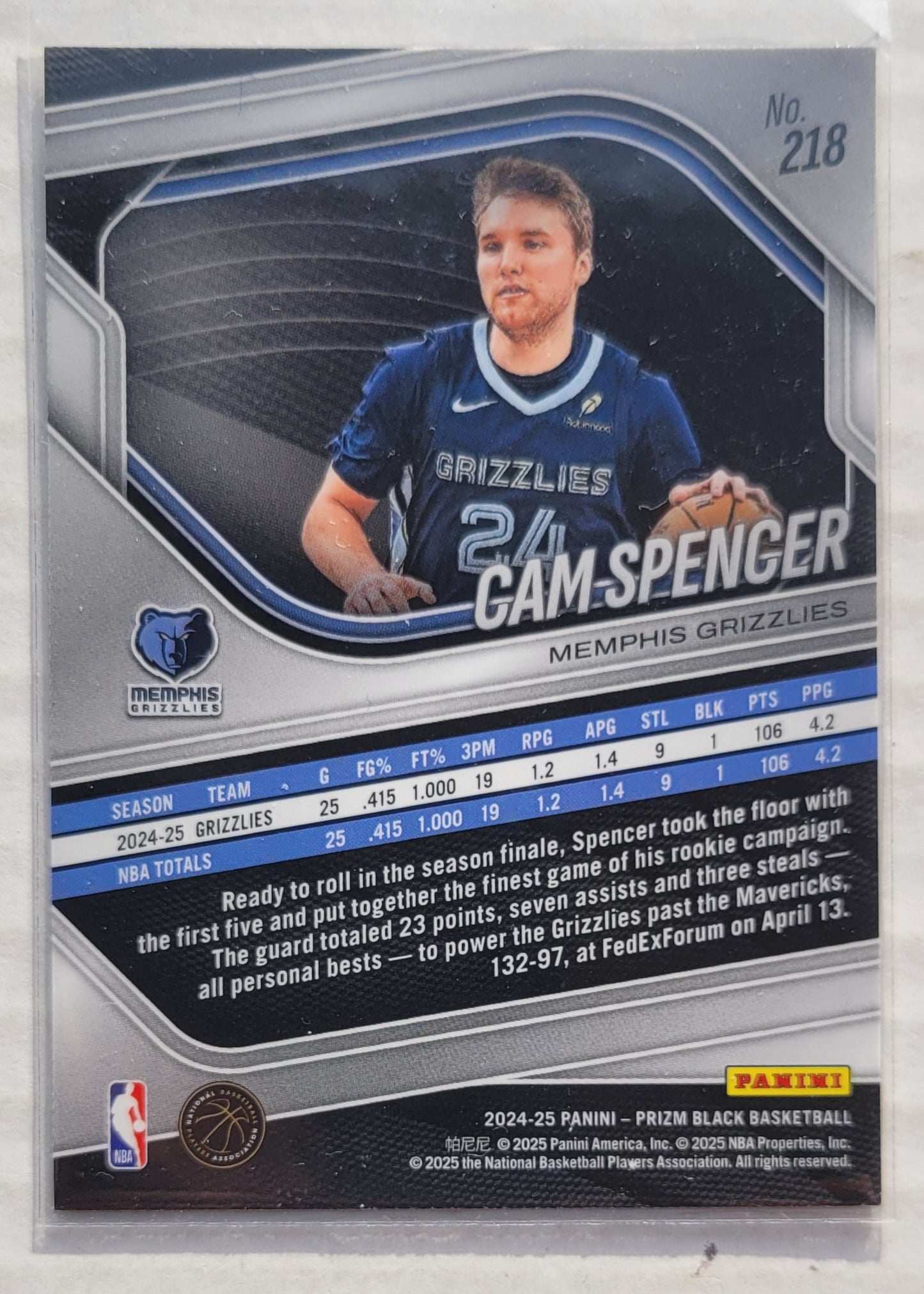 Cam Spencer - 2024-25 Panini Prizm Black #218 RC