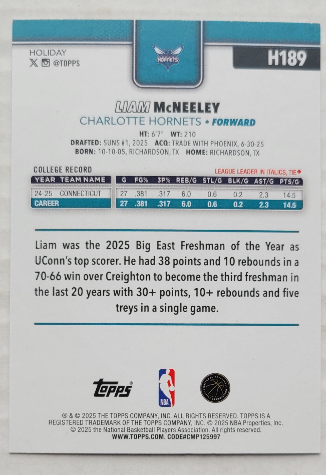 Liam McNeeley - 2025-26 Topps Holiday #H189 RC