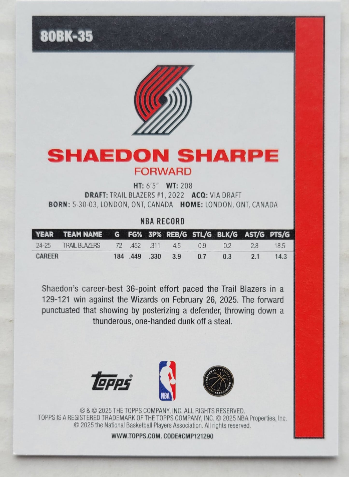 Shaedon Sharpe - 2025-26 Topps '80-81 Topps #80BK35