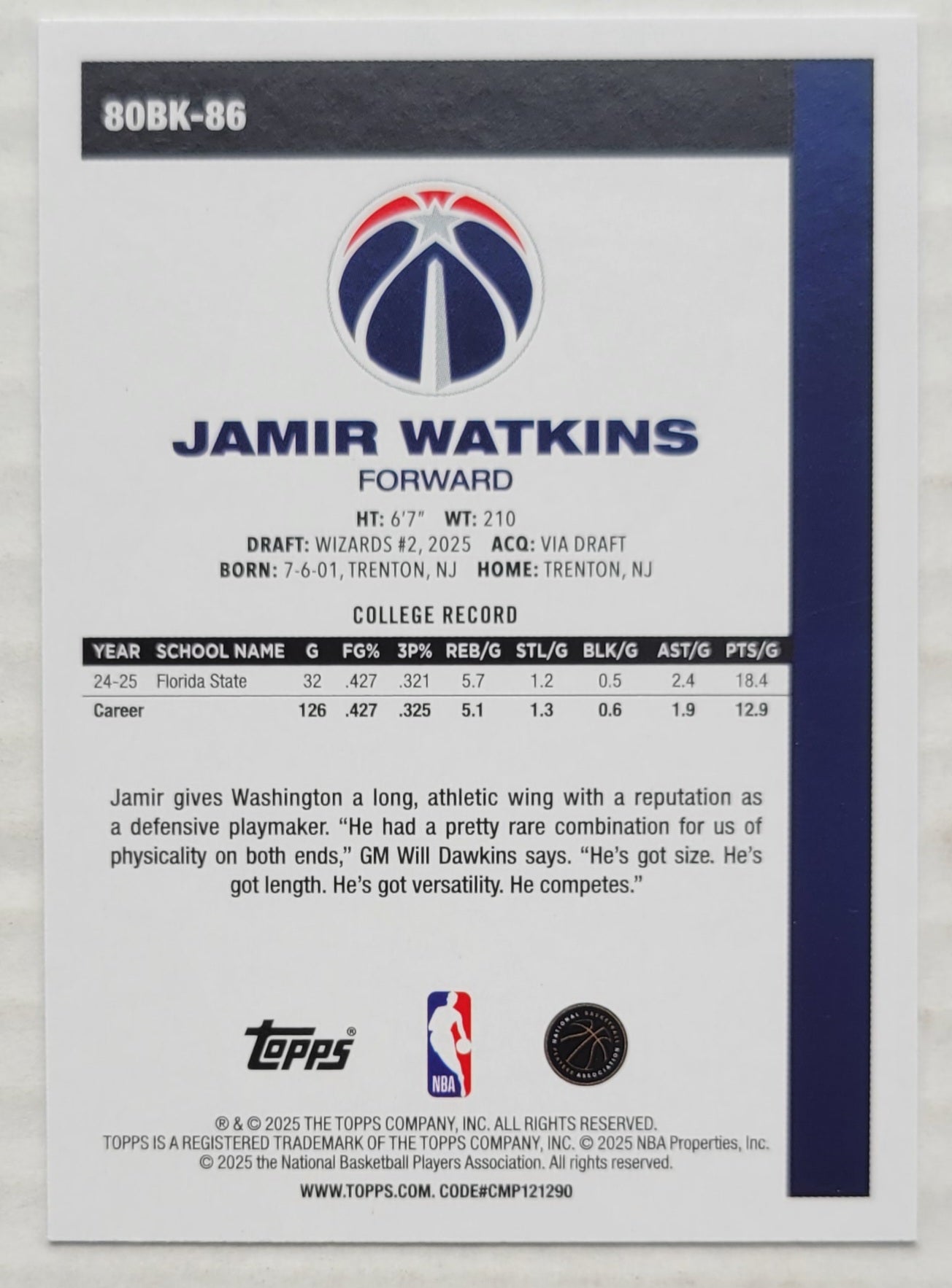 Jamir Watkins - 2025-26 Topps '80-81 Topps #80BK86