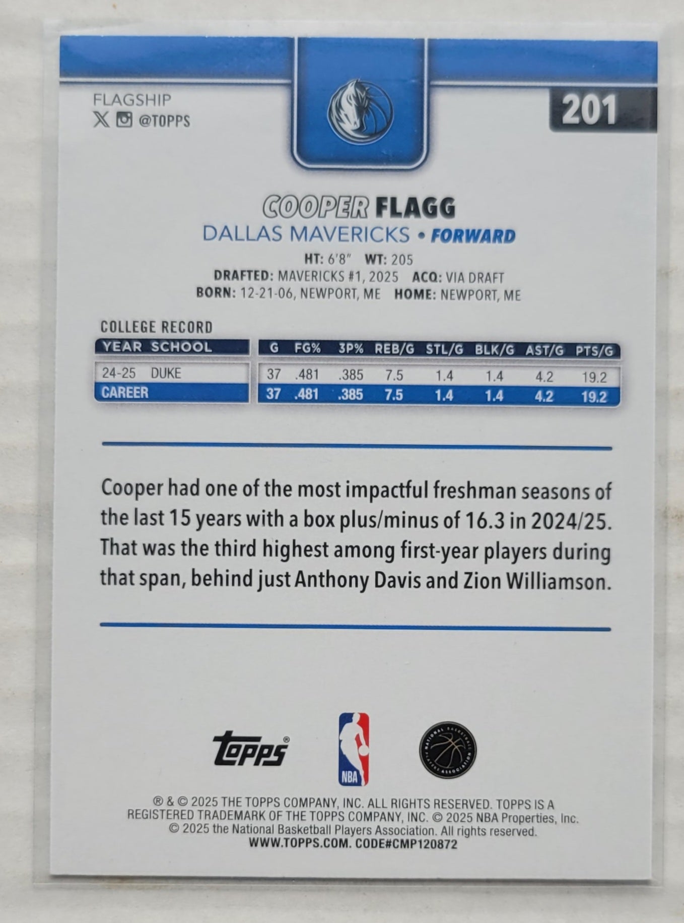 Cooper Flagg - 2025-26 Topps #201 RC