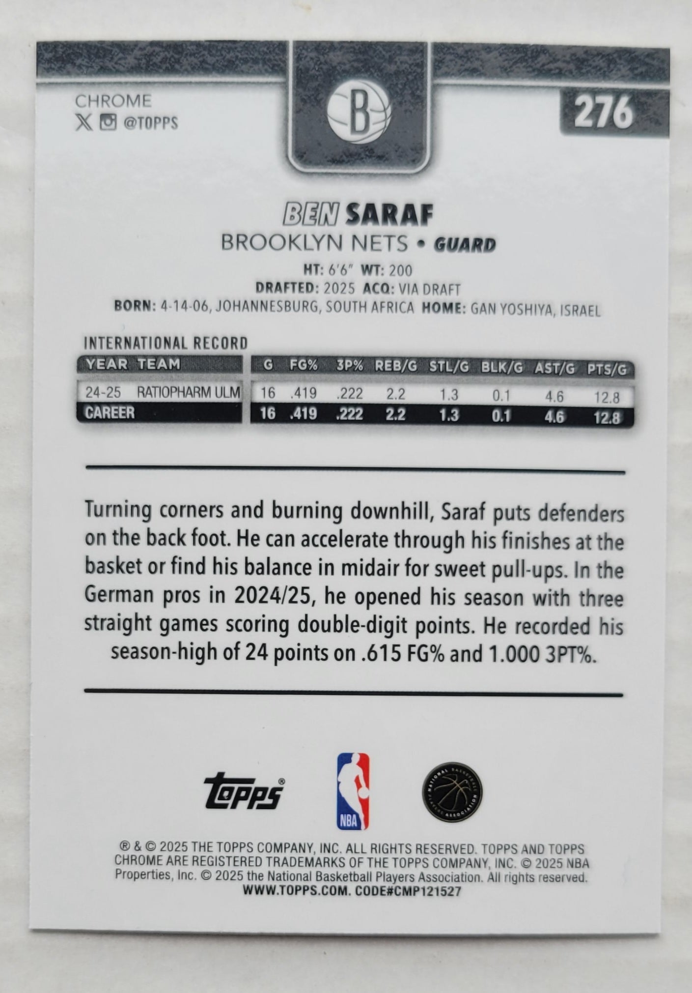 Ben Saraf - 2025-26 Topps Chrome #276 RC