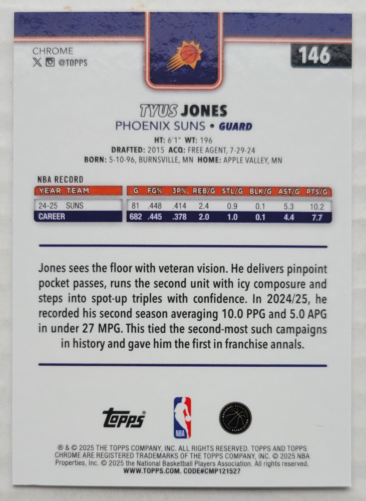 Tyus Jones - 2025-26 Topps Chrome X-Fractors #146