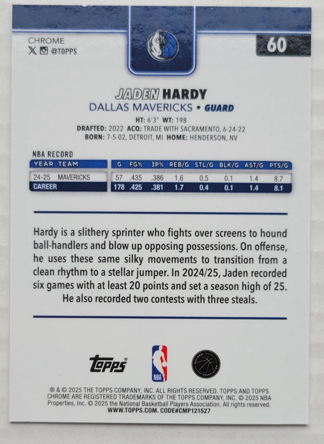 Jaden Hardy - 2025-26 Topps Chrome X-Fractors #60