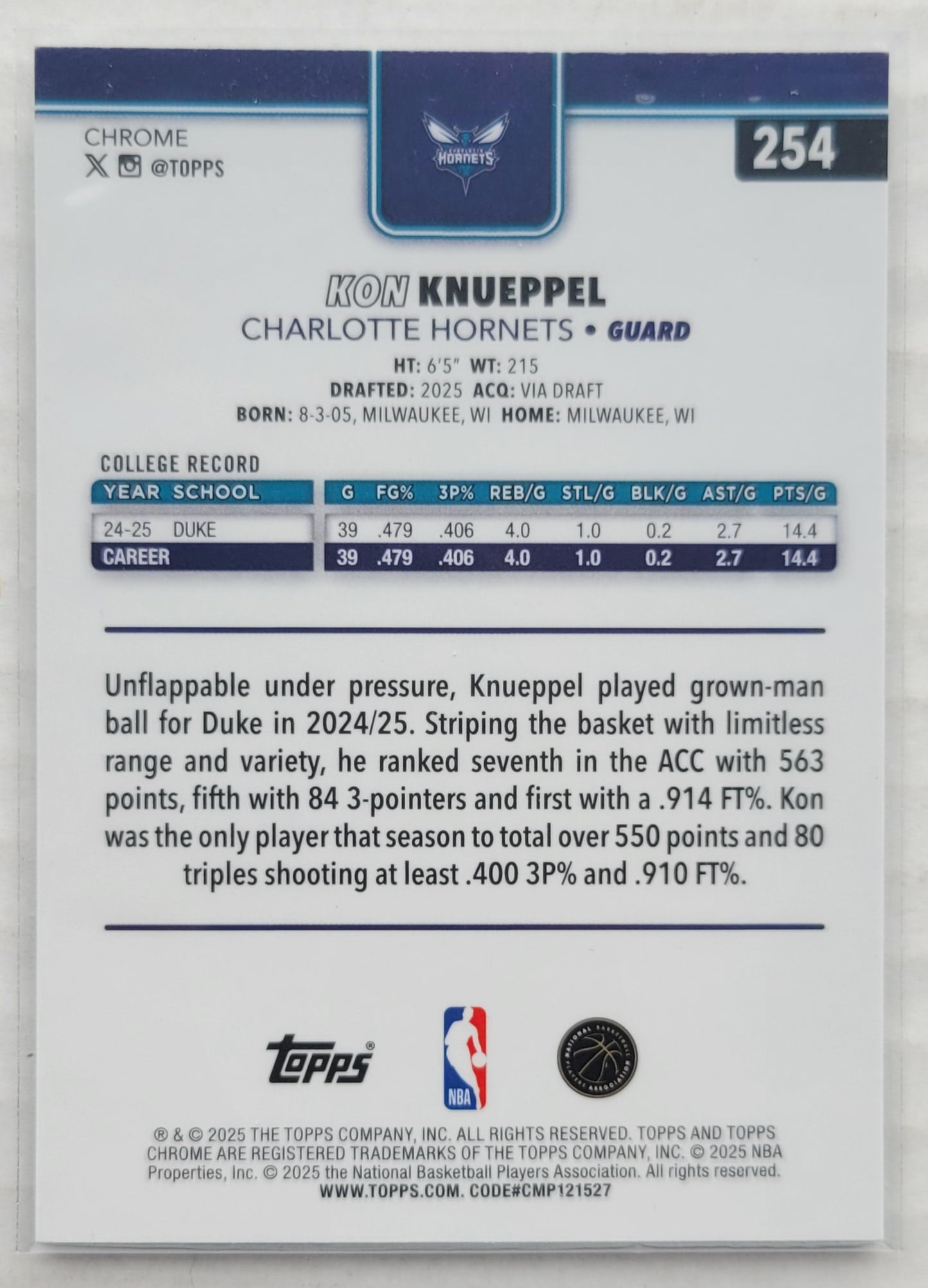 Kon Knueppel - 2025-26 Topps Chrome #254 RC