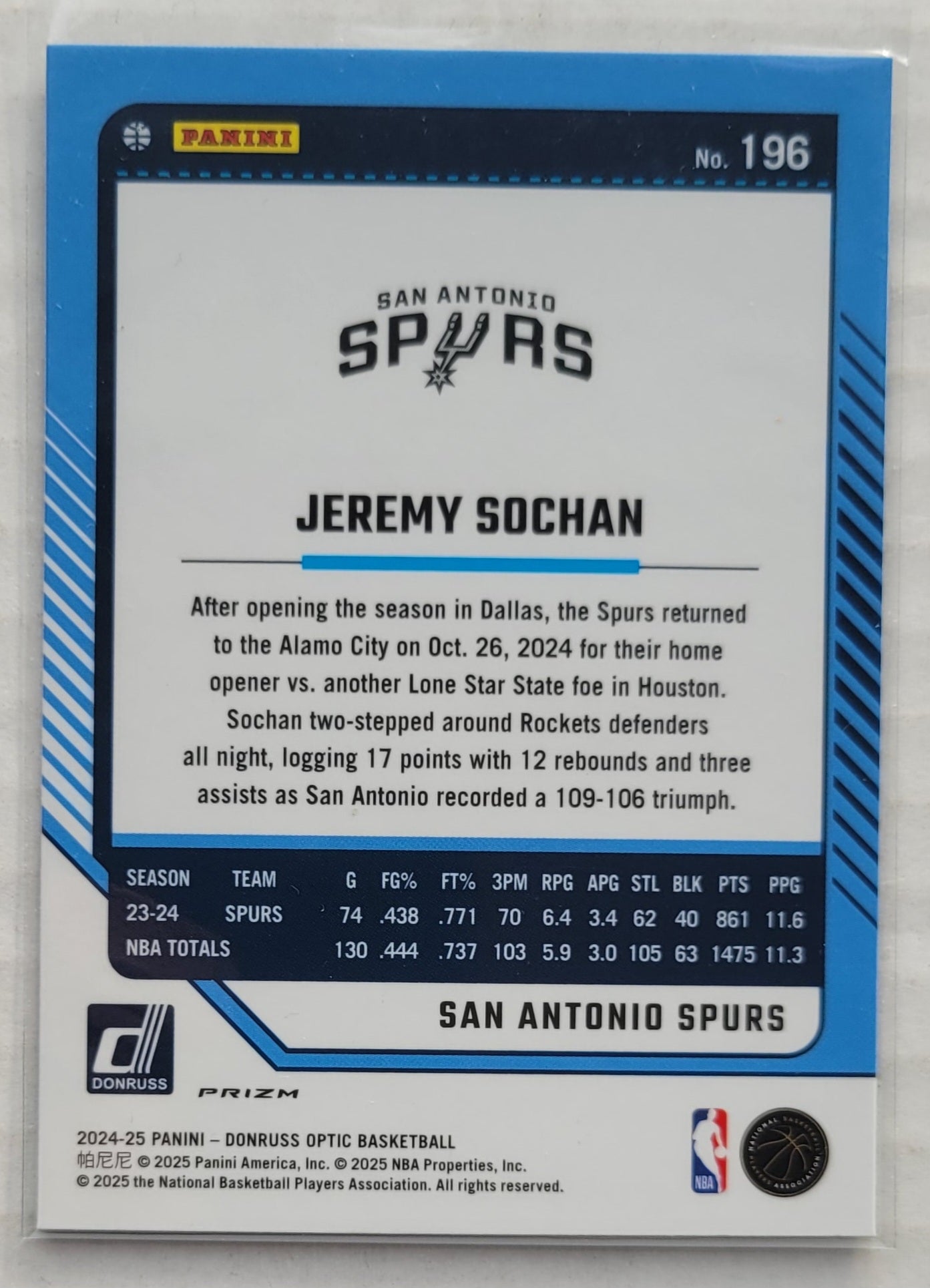 Jeremy Sochan - 2024-25 Donruss Optic Holo #196