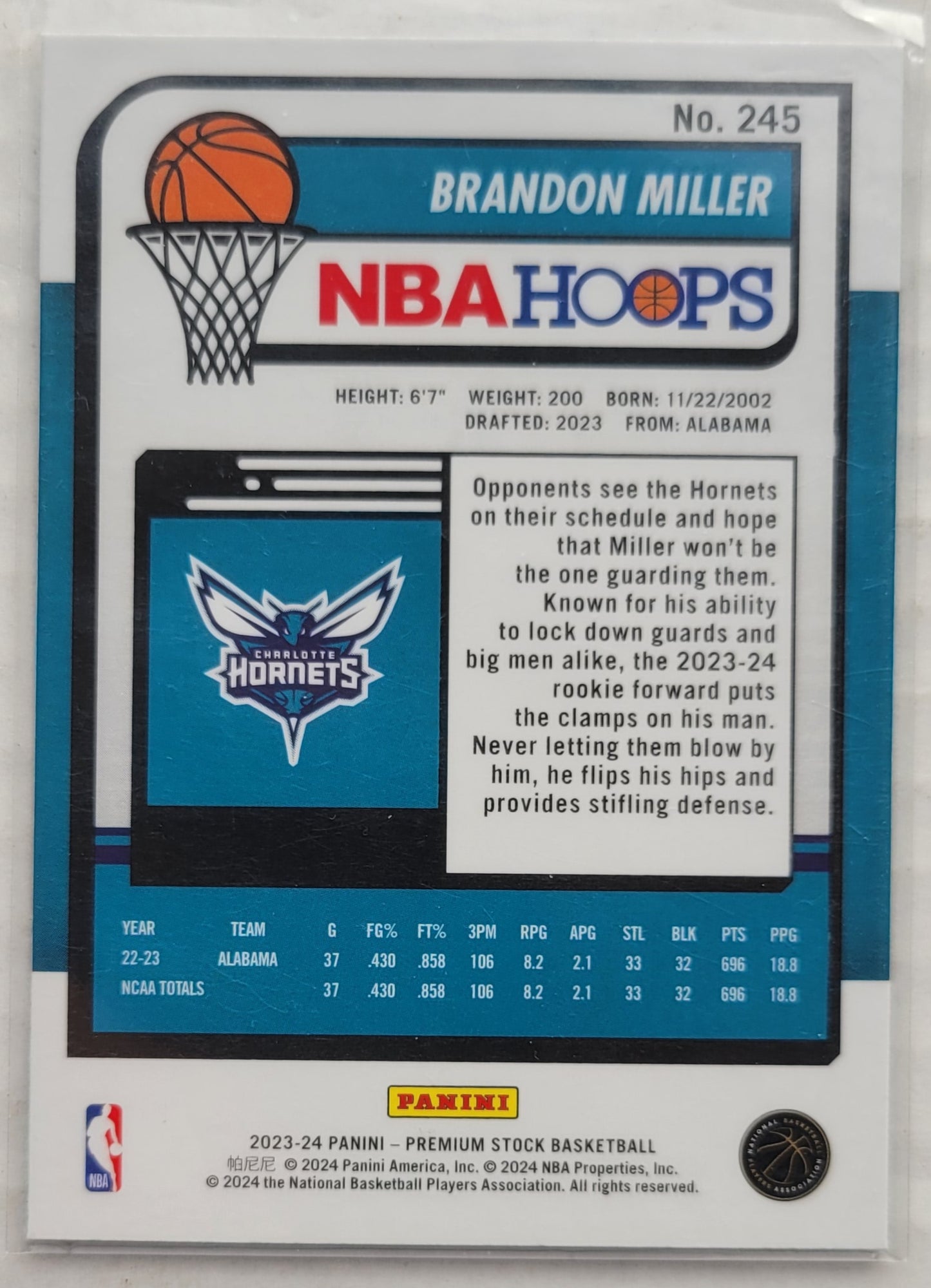Brandon Miller - 2023-24 Hoops Premium Stock #245 RC