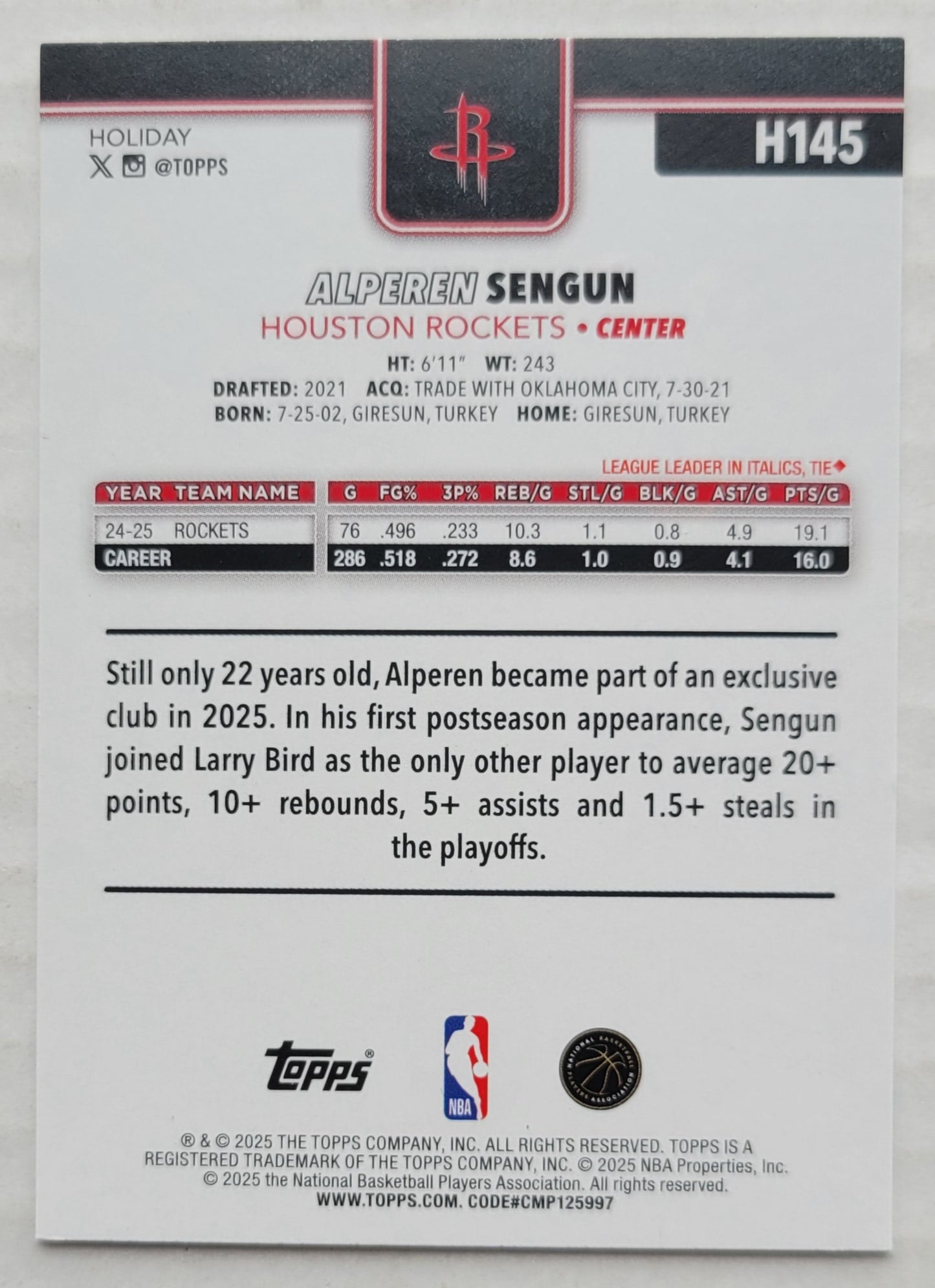 Alperen Sengun - 2025-26 Topps Holiday #H145