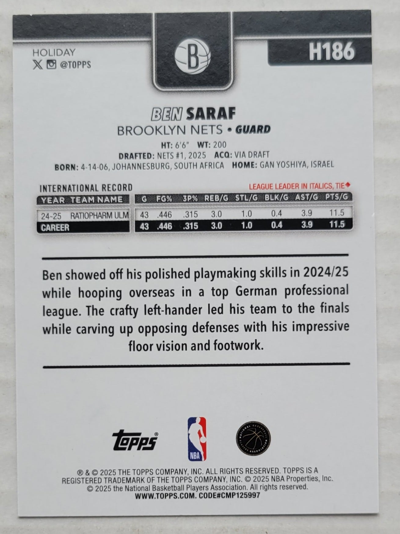 Ben Saraf - 2025-26 Topps Holiday #H186 RC