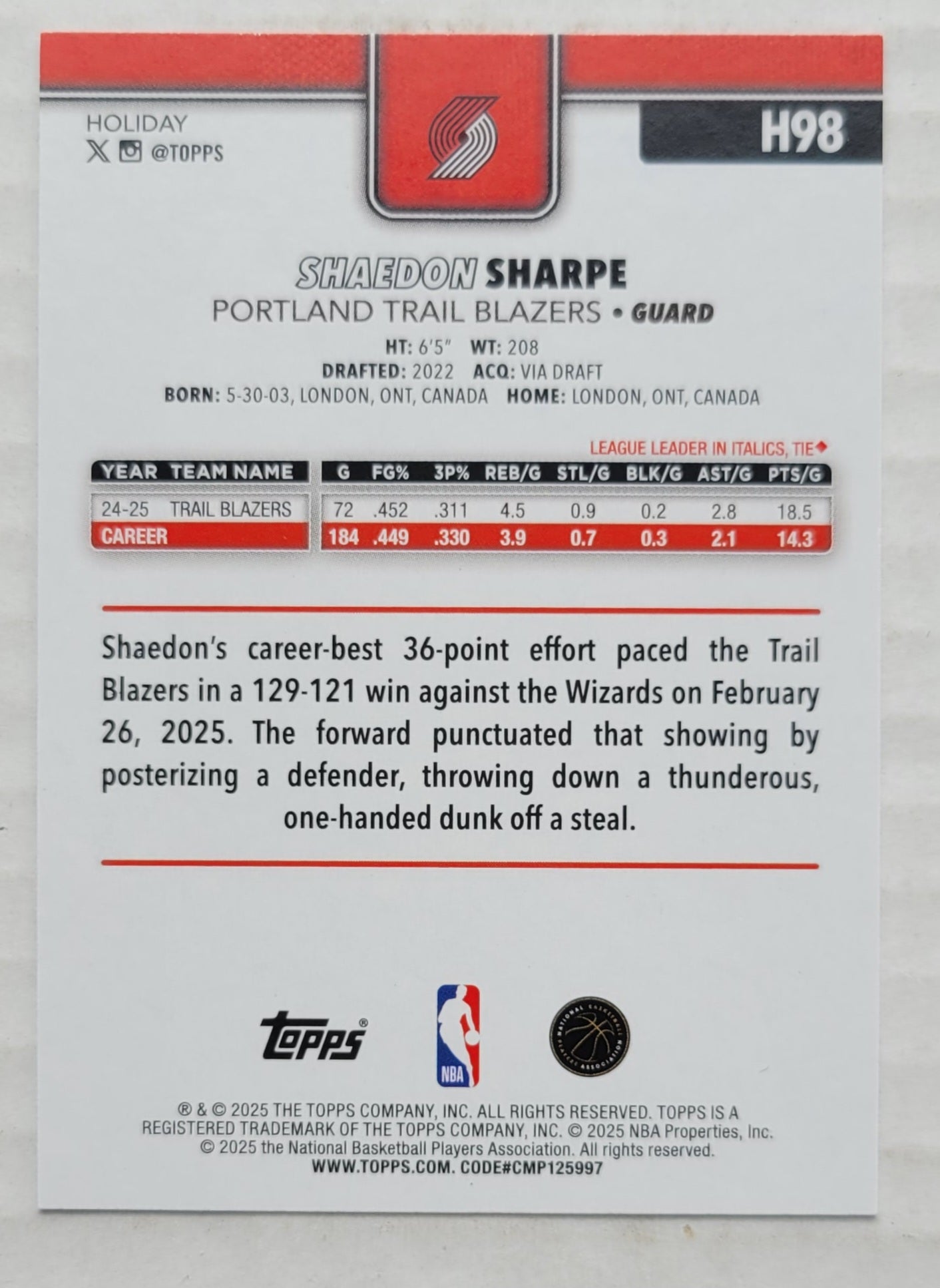 Shaedon Sharpe - 2025-26 Topps Holiday #H98