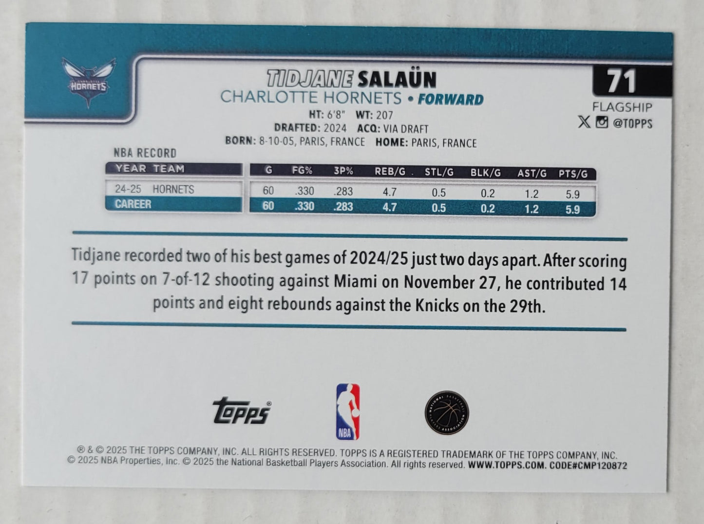 Tidjane Salaun - 2025-26 Topps #71