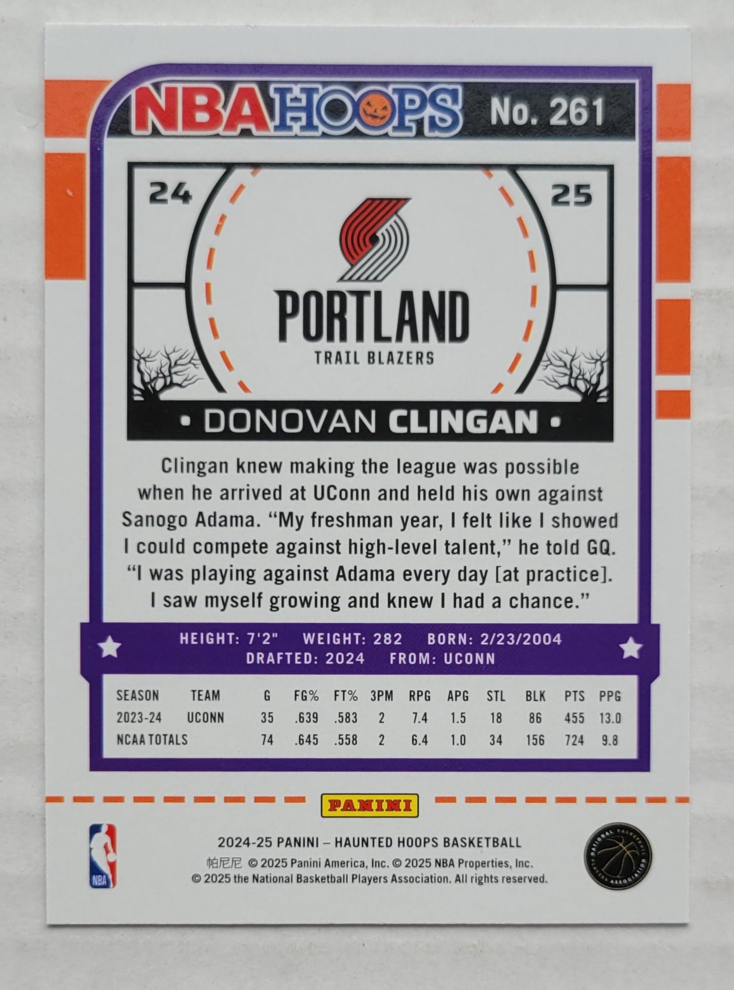 Donovan Clingan - 2024-25 Hoops Haunted Hoops #261 RC