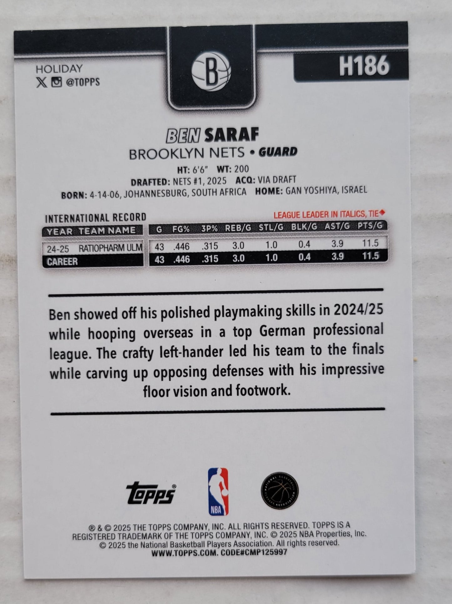 Ben Saraf - 2025-26 Topps Holiday Plaid #H186 RC