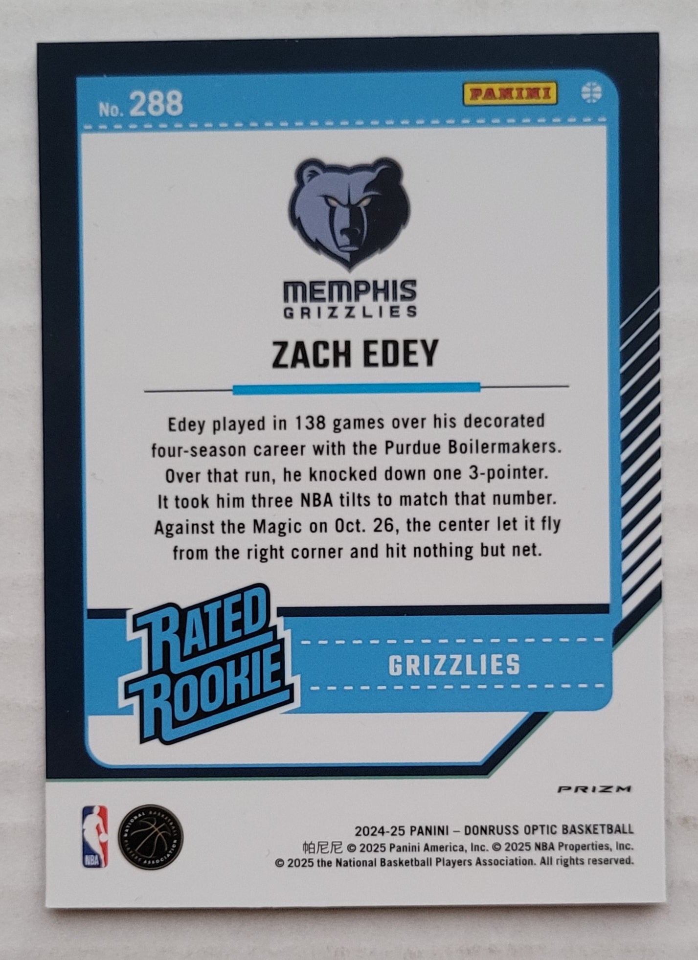 Zach Edey - 2024-25 Donruss Optic Purple Shock #288 RR RC