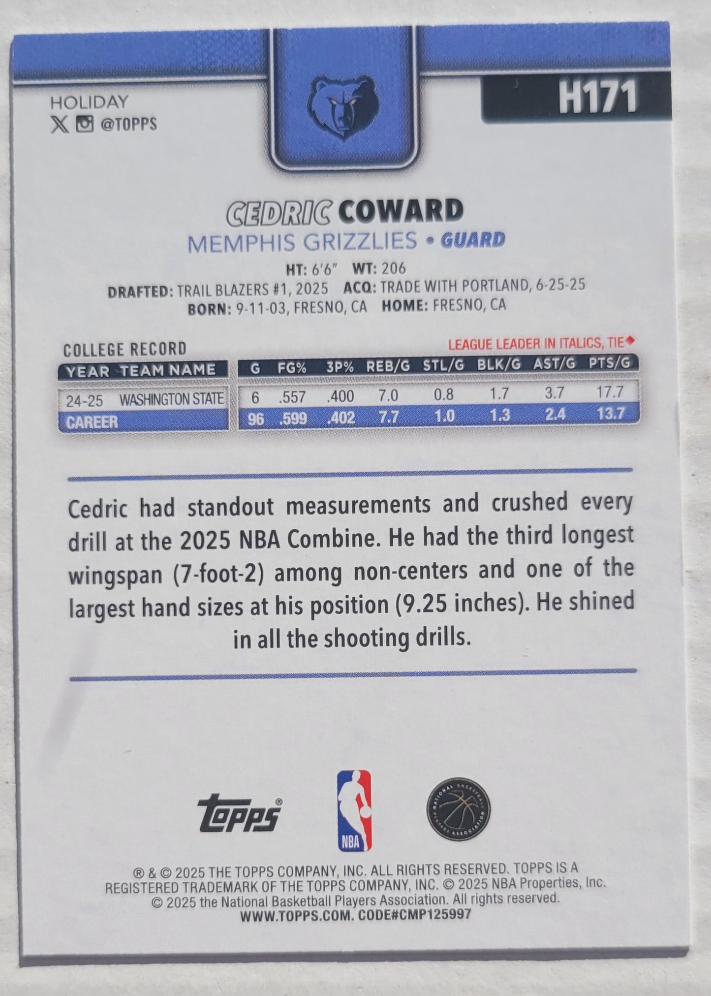 Cedric Coward - 2025-26 Topps Holiday #H171 RC