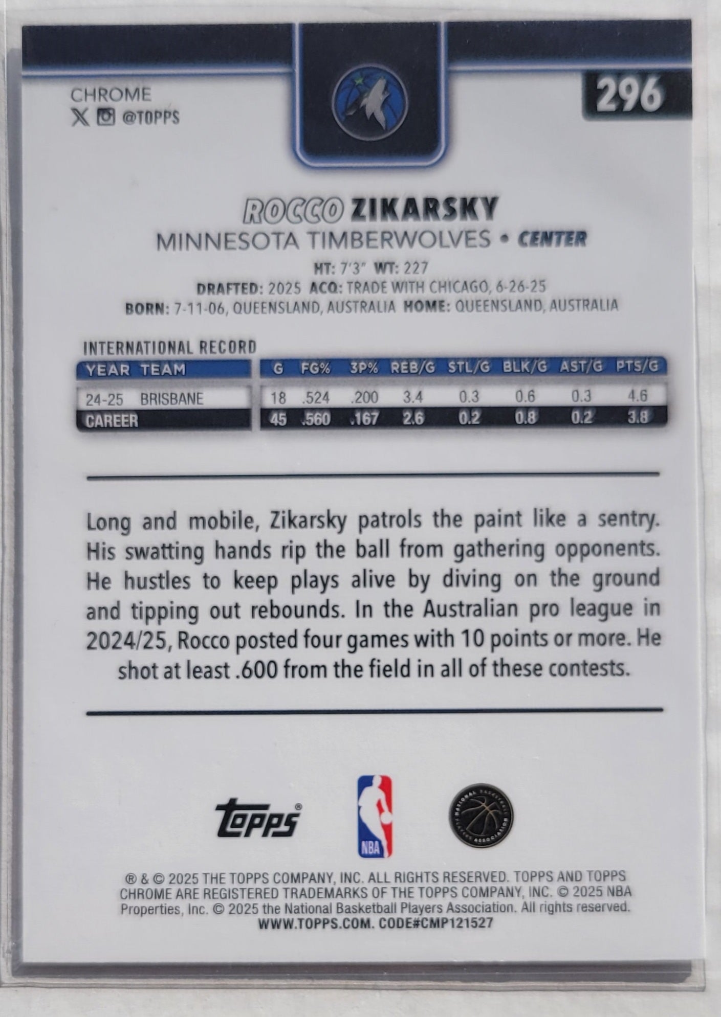 Rocco Zikarsky - 2025-26 Topps Chrome #296 RC