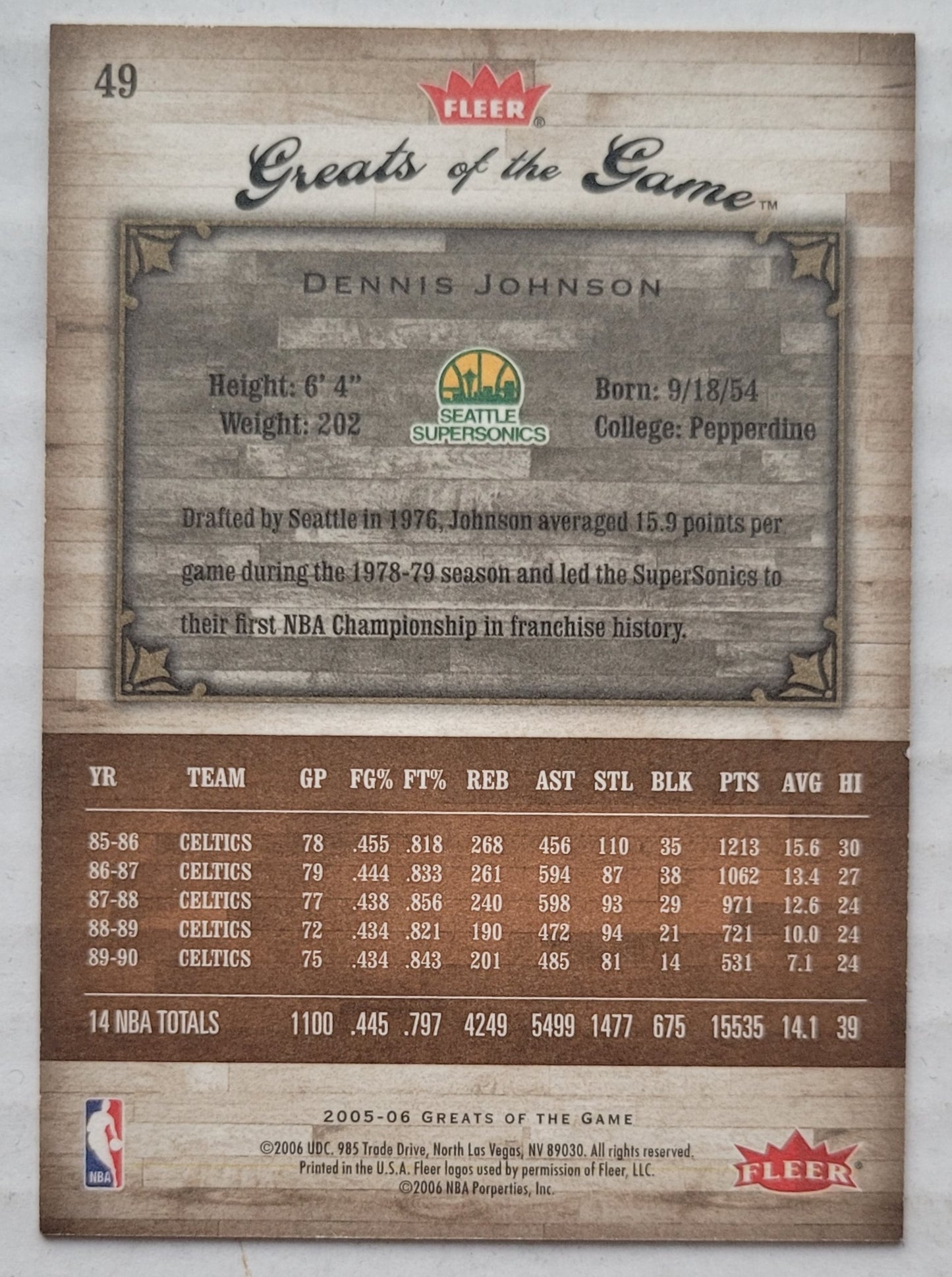 Dennis Johnson - 2005-06 Greats of the Game Gold #49 - 77/99