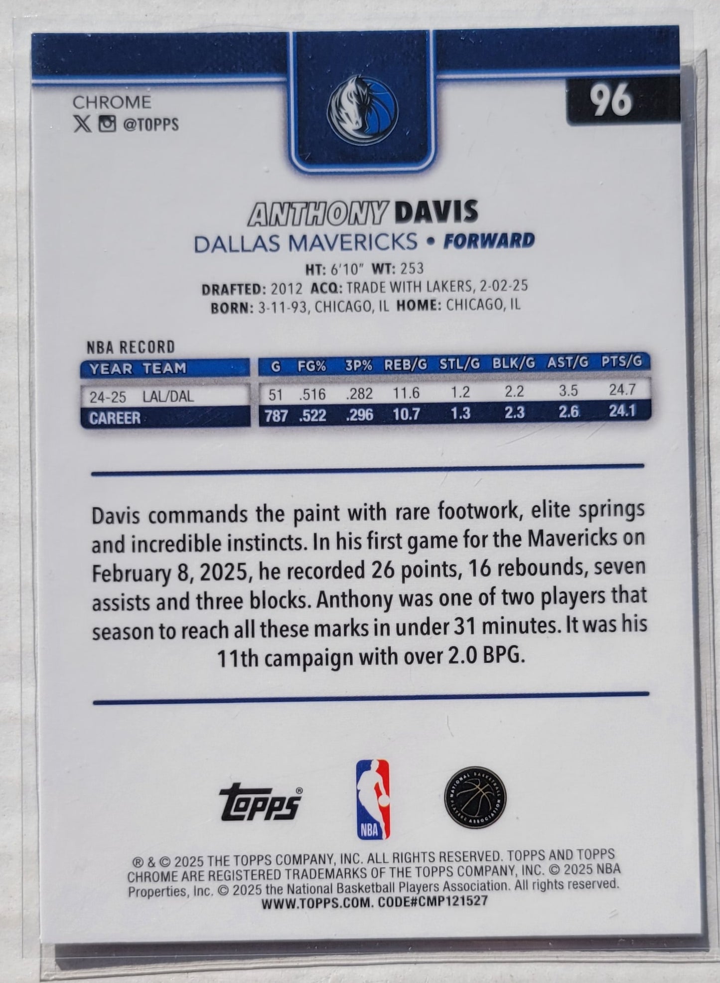 Anthony Davis - 2025-26 Topps Chrome X-Fractors #96