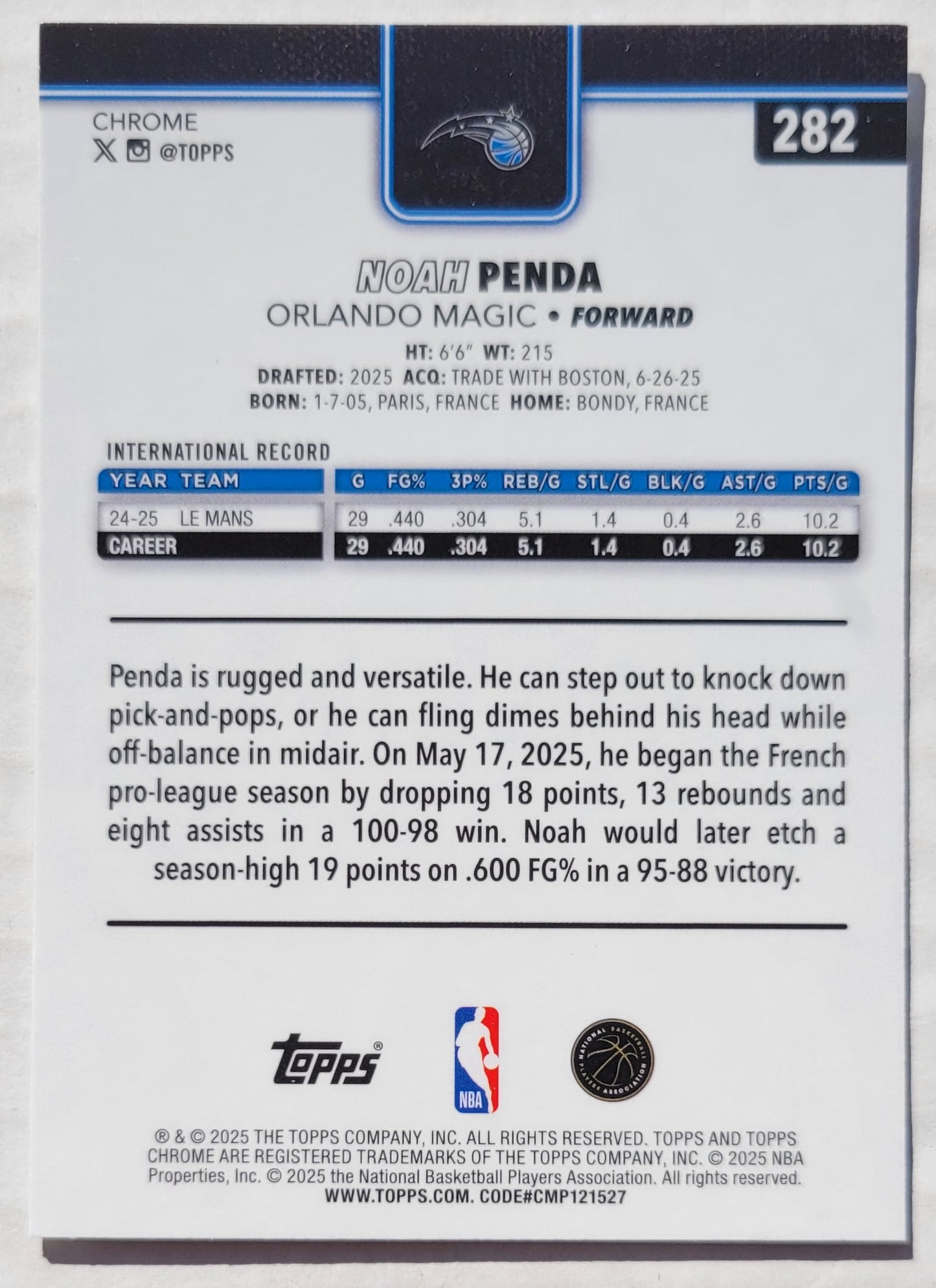 Noah Penda - 2025-26 Topps Chrome #282 RC