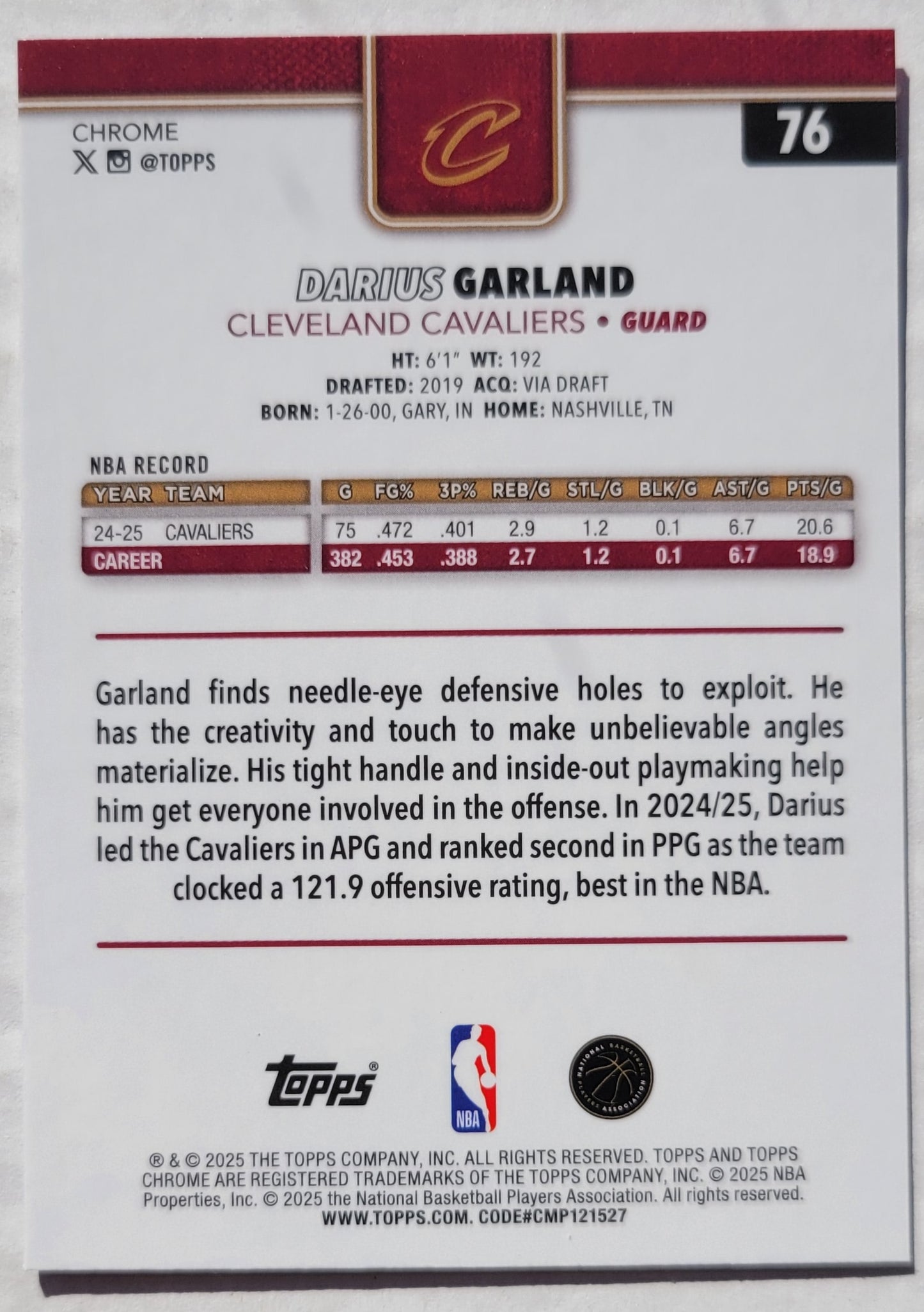 Darius Garland - 2025-26 Topps Chrome Red White and Blue Refractors #76