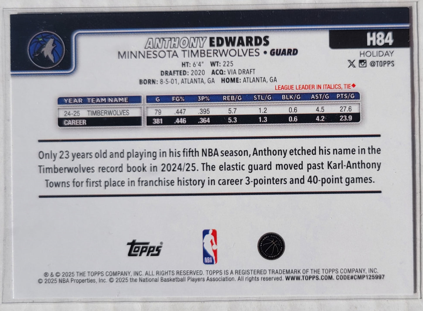 Anthony Edwards - 2025-26 Topps Holiday Glitter Holiday #H84