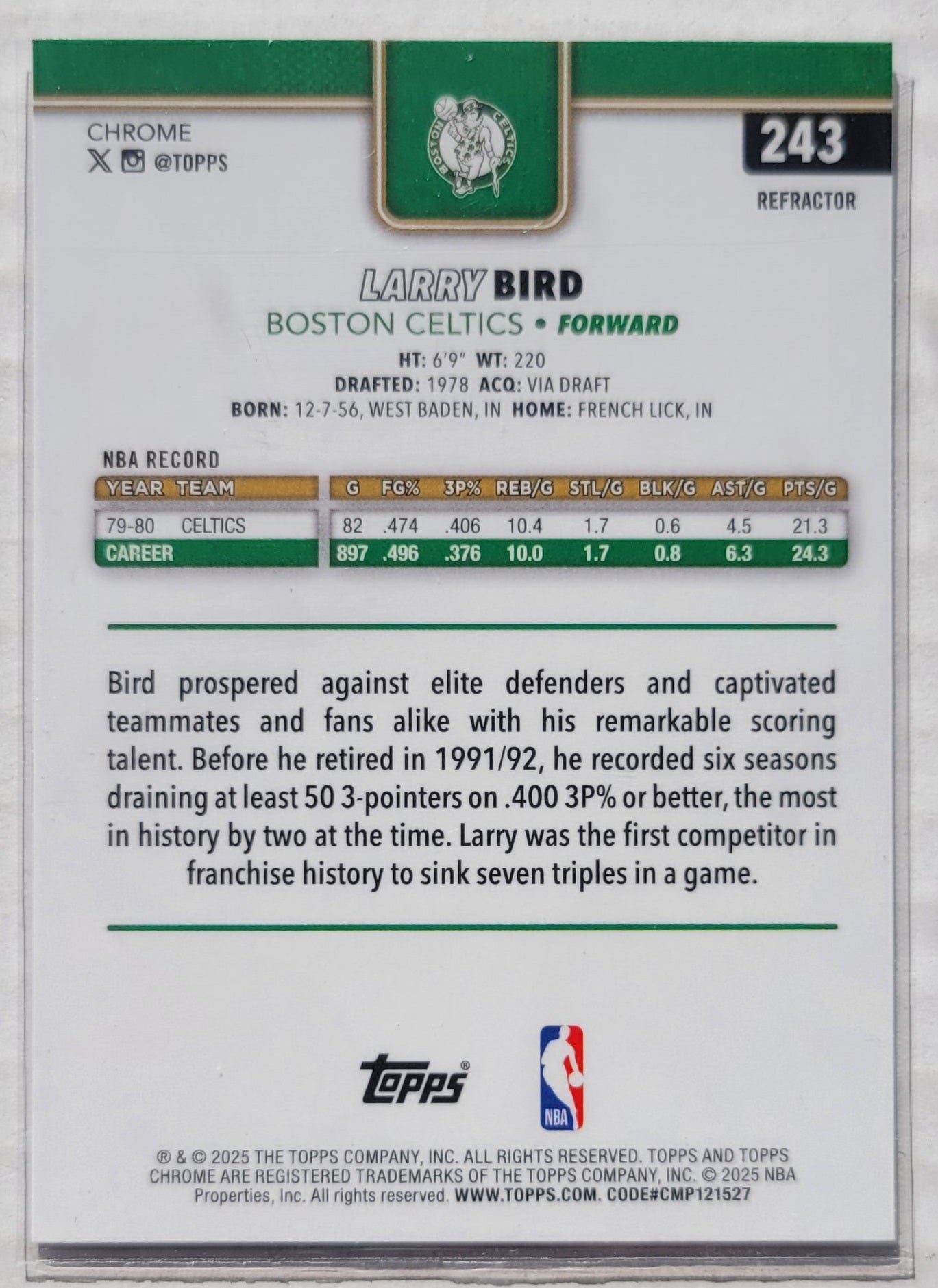 Larry Bird - 2025-26 Topps Chrome Refractors #243