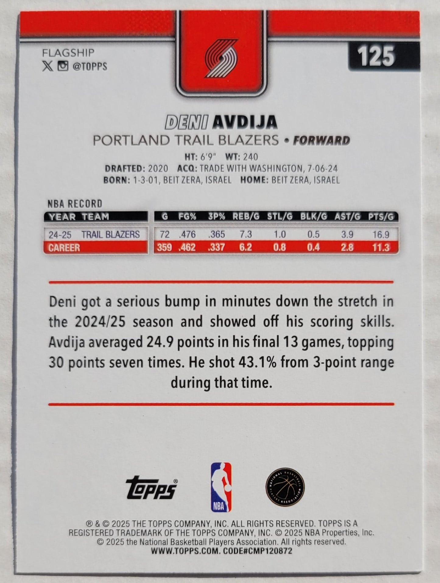 Deni Avdija - 2025-26 Topps Rainbow Foilboard #125