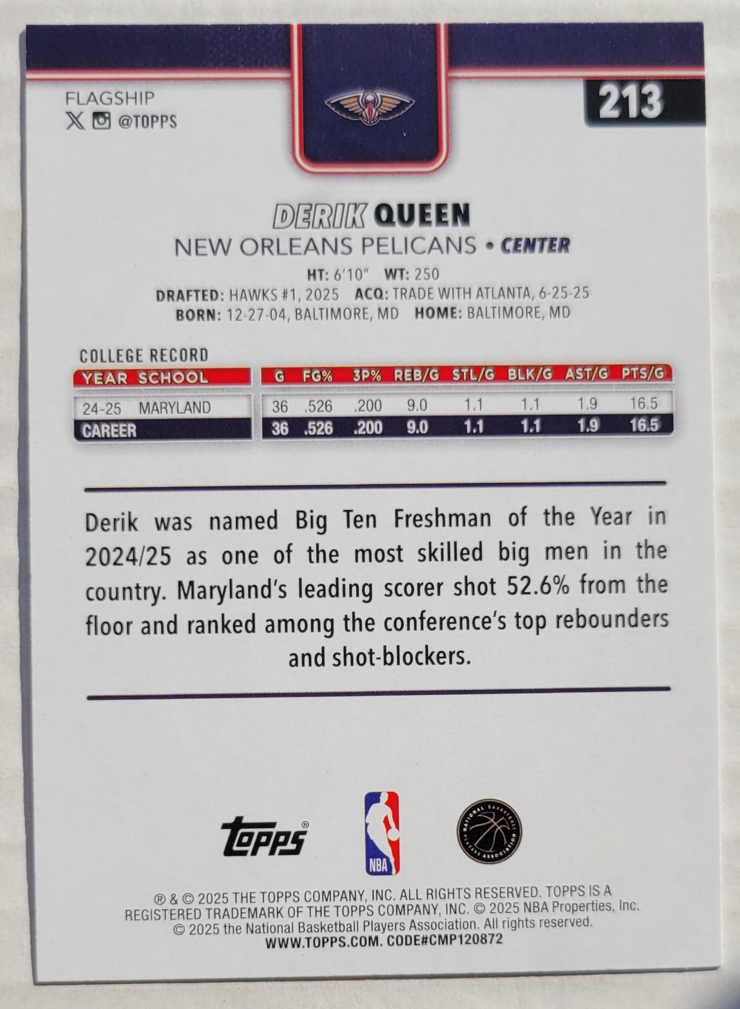 Derik Queen - 2025-26 Topps #213 RC