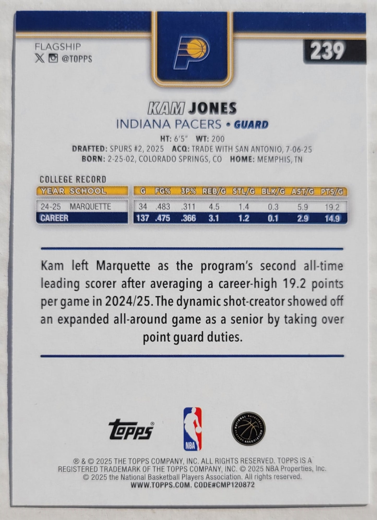 Kam Jones - 2025-26 Topps Pink Holo Foil #239 RC
