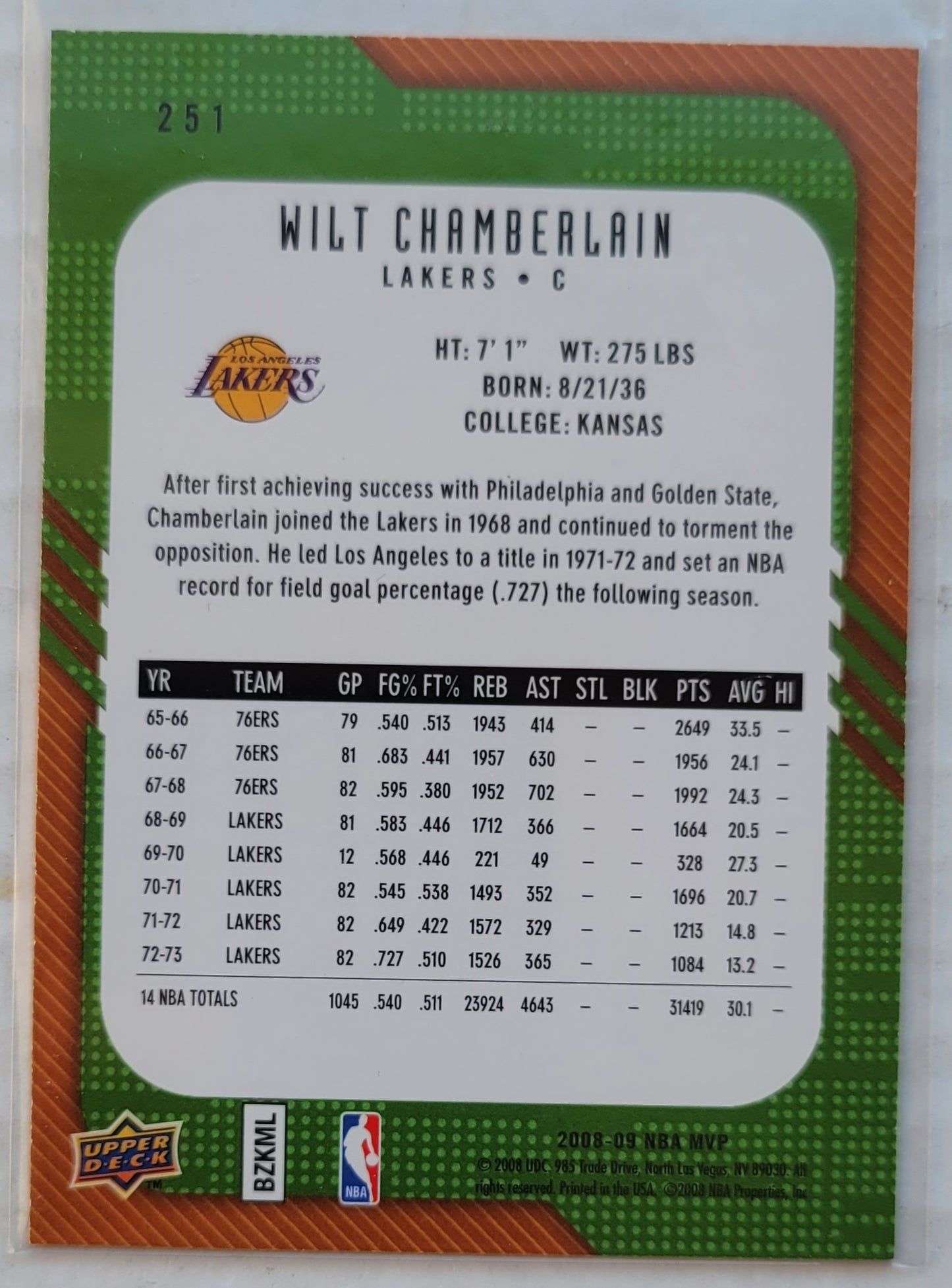 Wilt Chamberlain - 2008-09 Upper Deck MVP #251