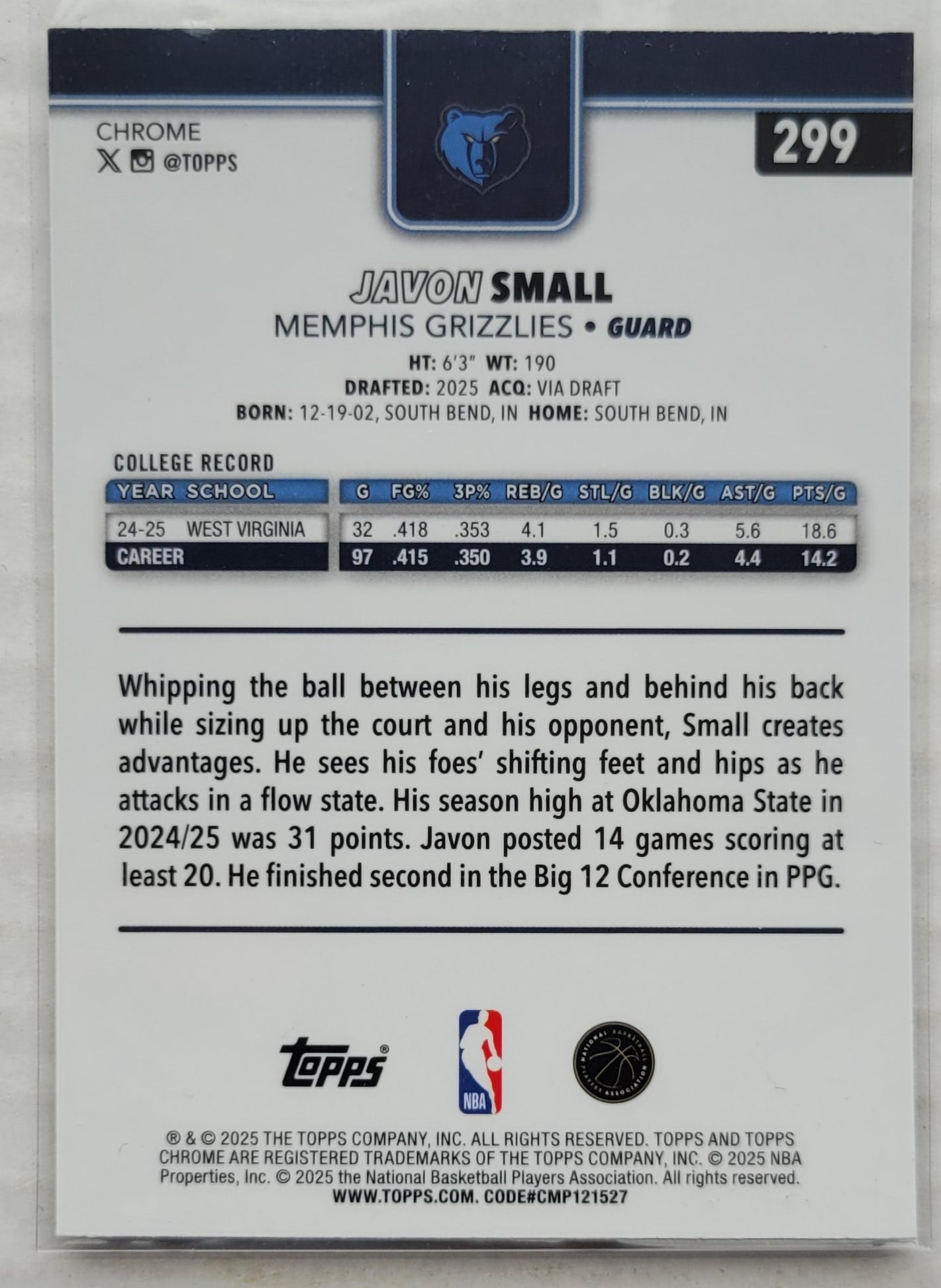 Javon Small - 2025-26 Topps Chrome X-Fractors #299 RC
