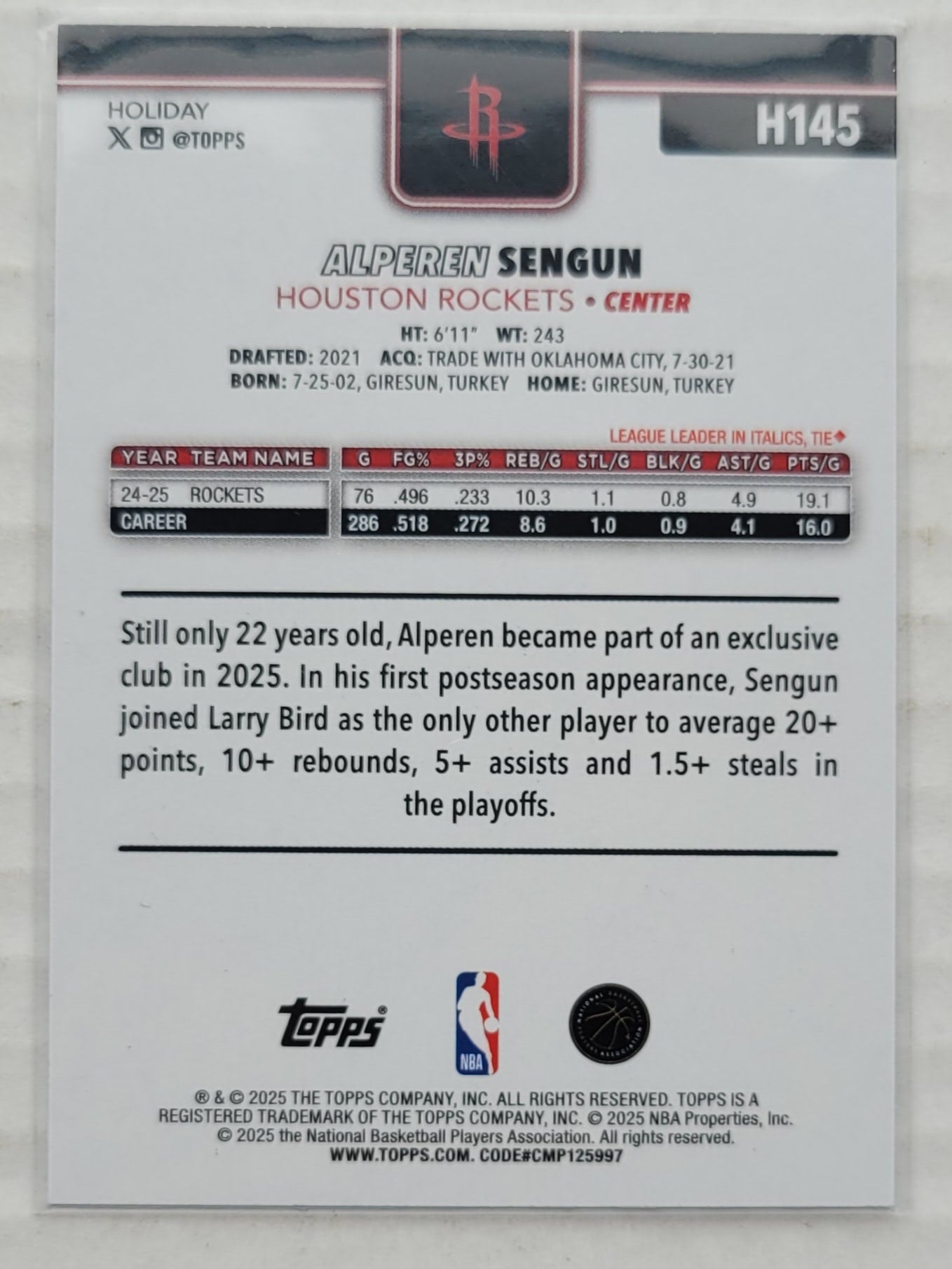 Alperen Sengun - 2025-26 Topps Holiday Glitter Holiday #H145