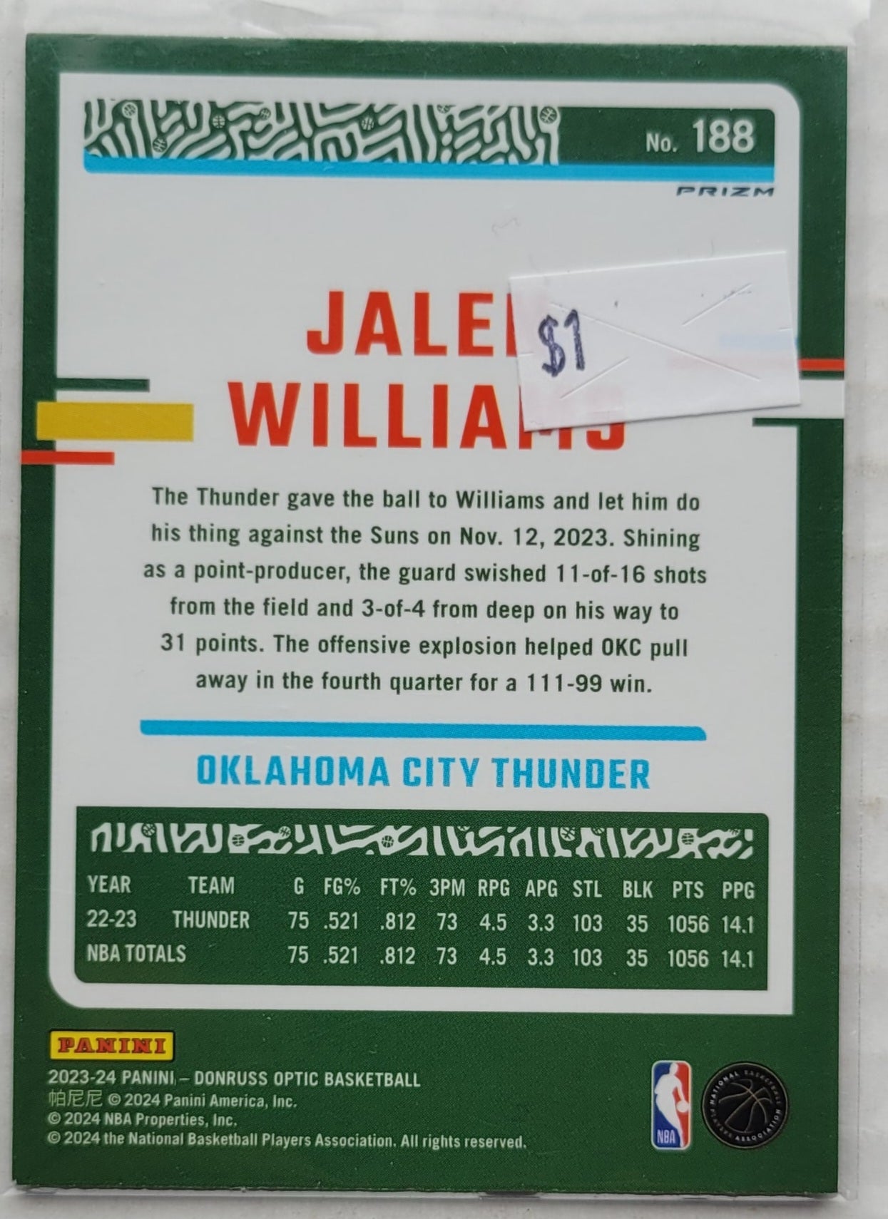 Jalen Williams - 2023-24 Donruss Optic Purple Shock #188