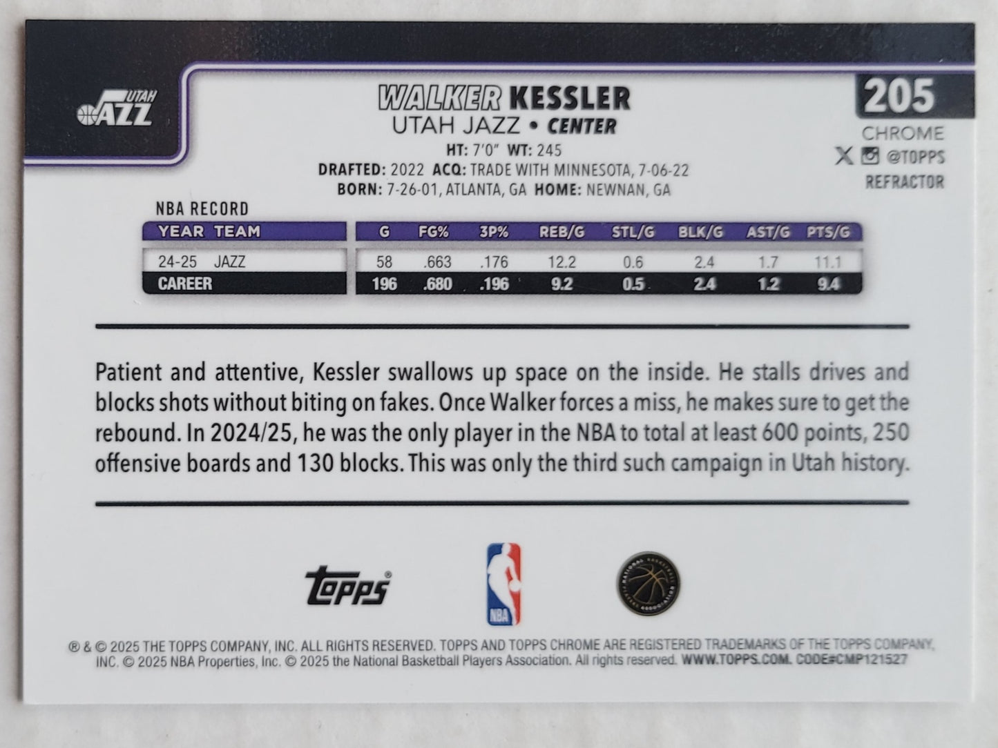 Walker Kessler - 2025-26 Topps Chrome Refractors #205