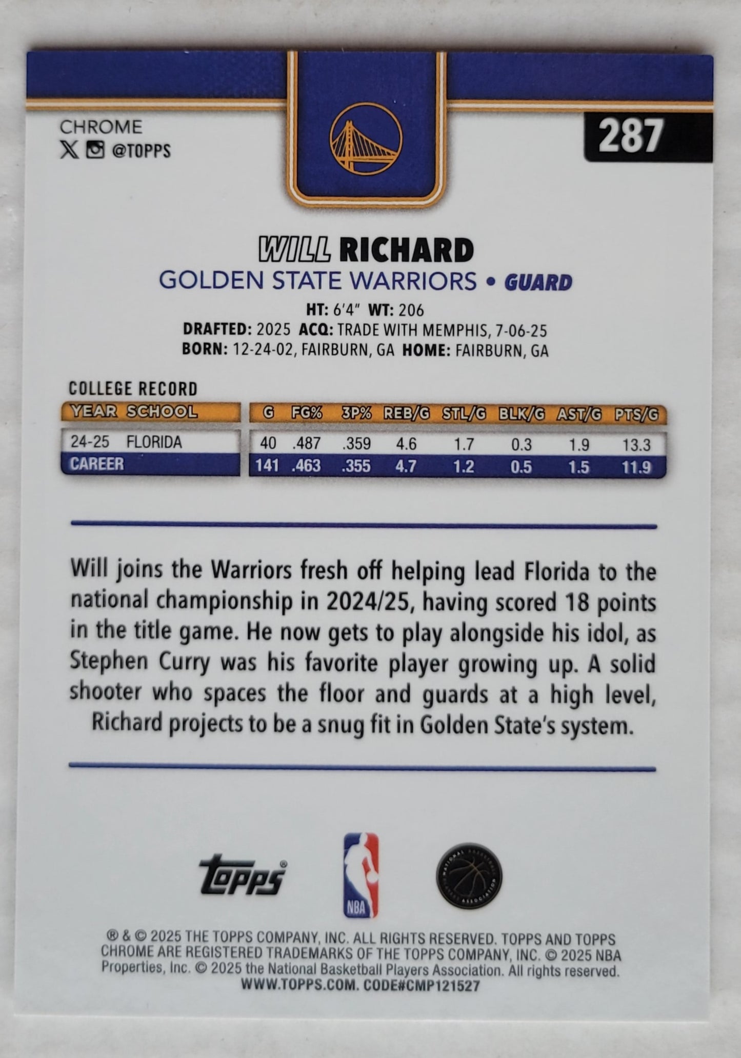 Will Richard - 2025-26 Topps Chrome #287 RC