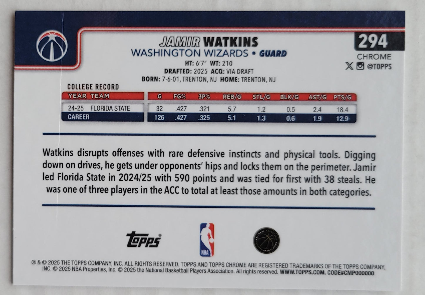 Jamir Watkins - 2025-26 Topps Chrome Pulsar Refractors #294 RC