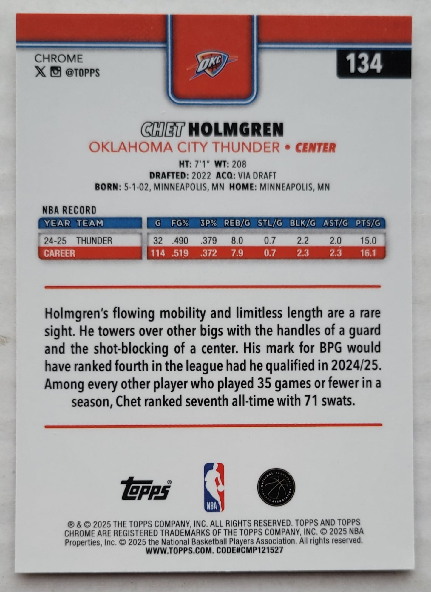 Chet Holmgren - 2025-26 Topps Chrome #134