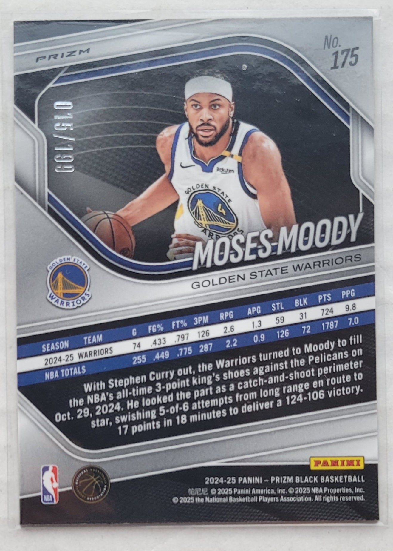 Moses Moody - 2024-25 Panini Prizm Black Prizms Blue #175 - 015/199