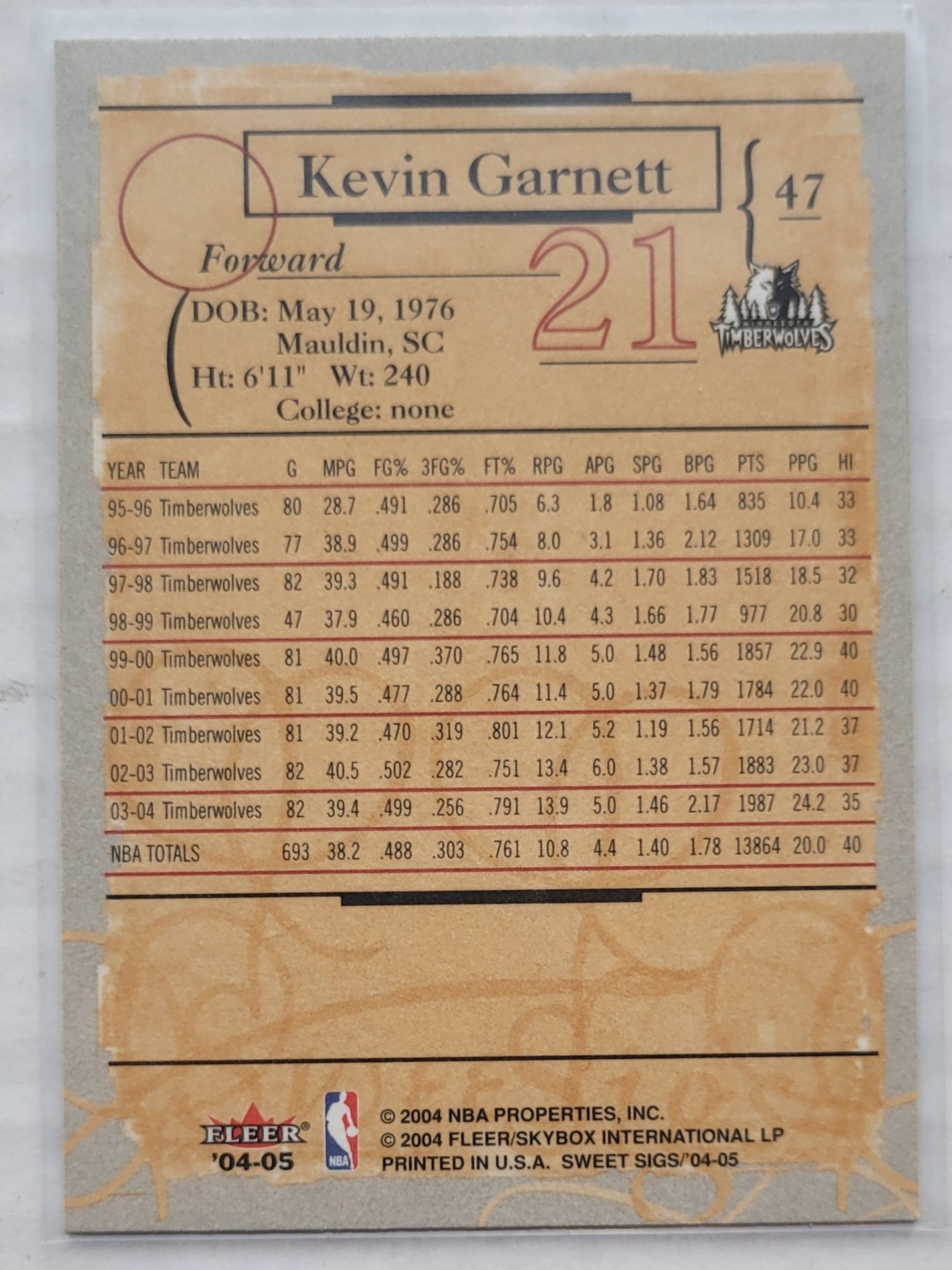 Kevin Garnett - 2004-05 Fleer Sweet Sigs #47
