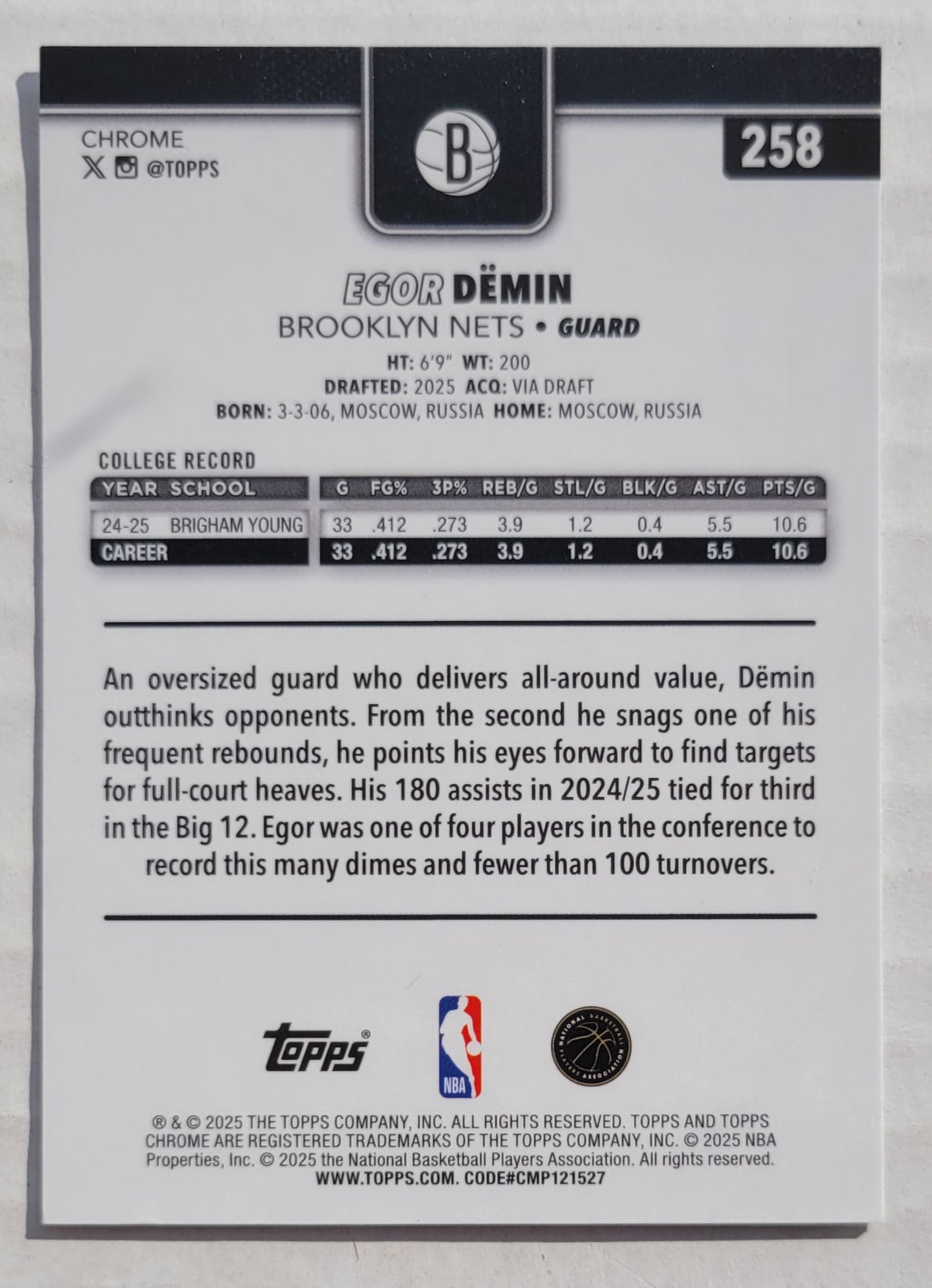 Egor Demin - 2025-26 Topps Chrome #258 RC