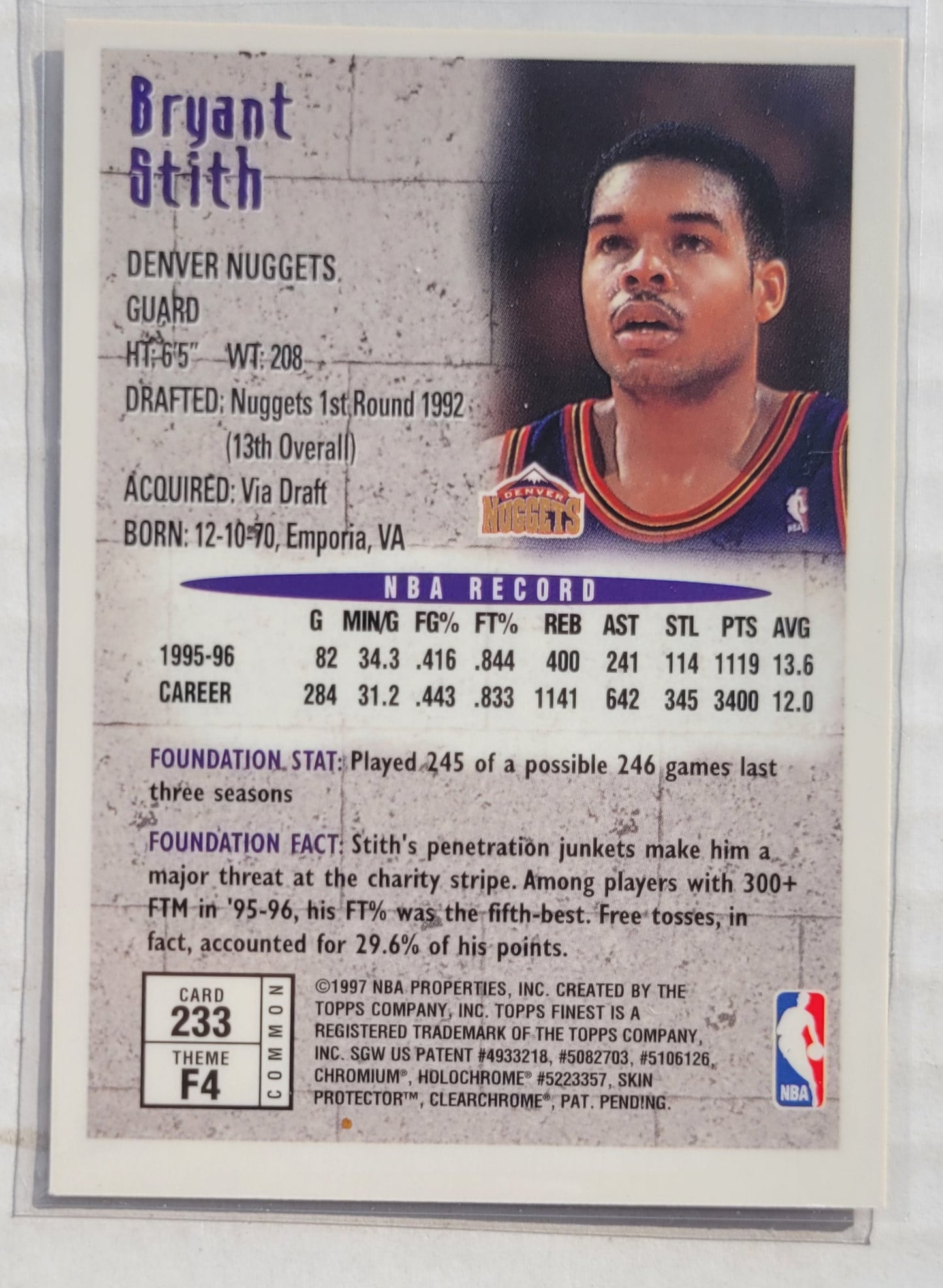 Bryant Stith - 1996-97 Finest #233 B