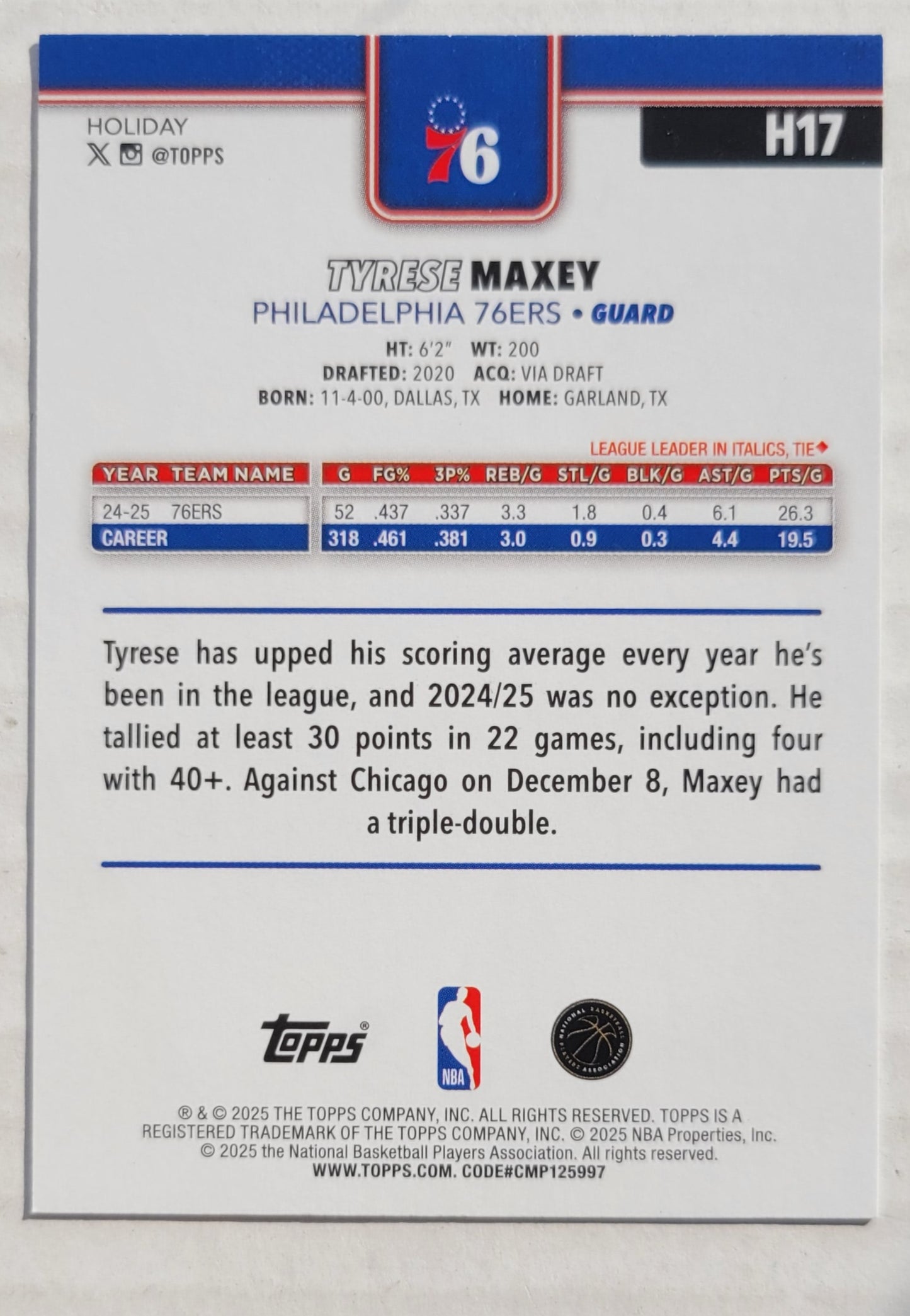 Tyrese Maxey - 2025-26 Topps Holiday Glitter Holiday #H17
