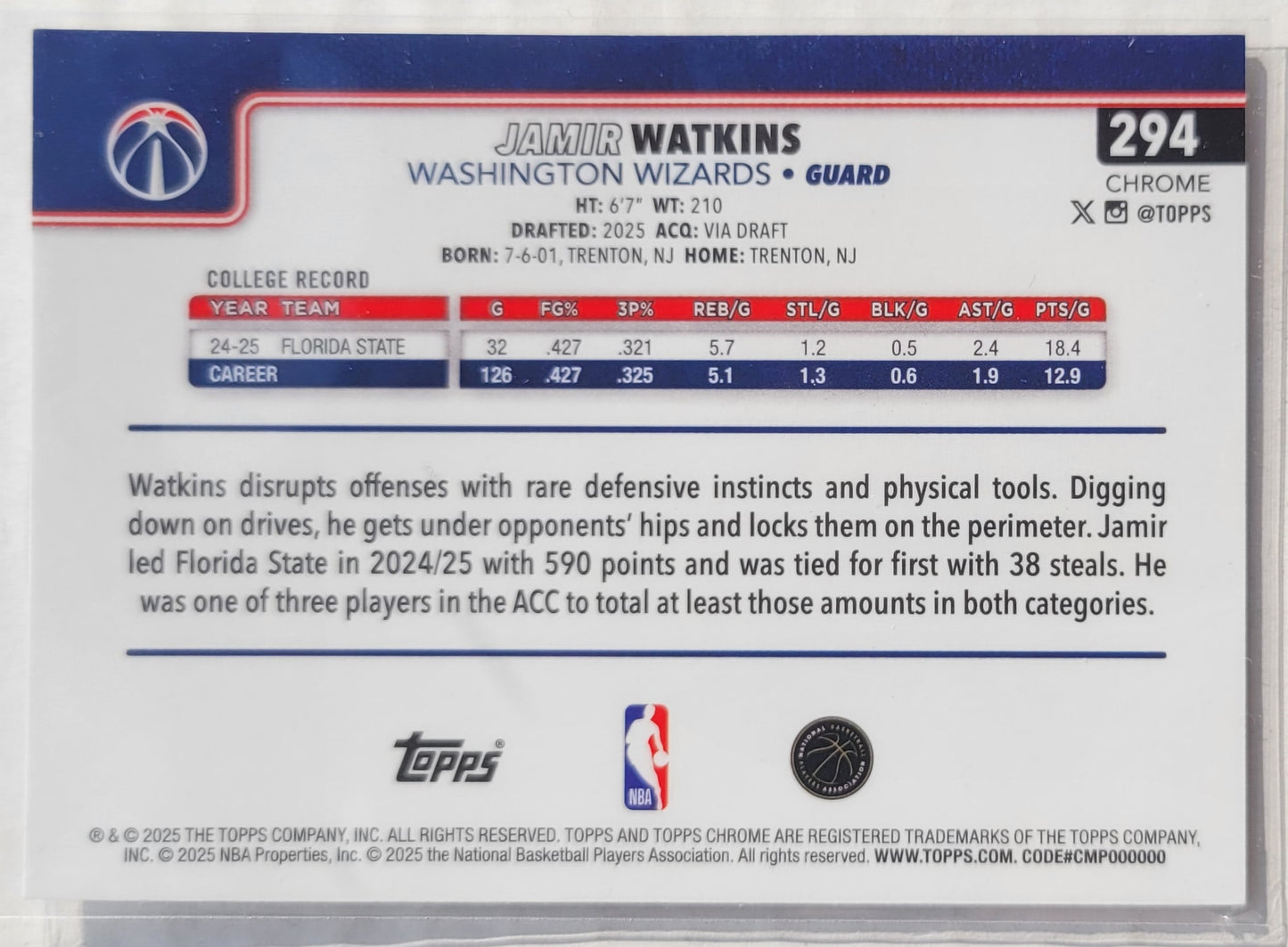 Jamir Watkins - 2025-26 Topps Chrome #294 RC
