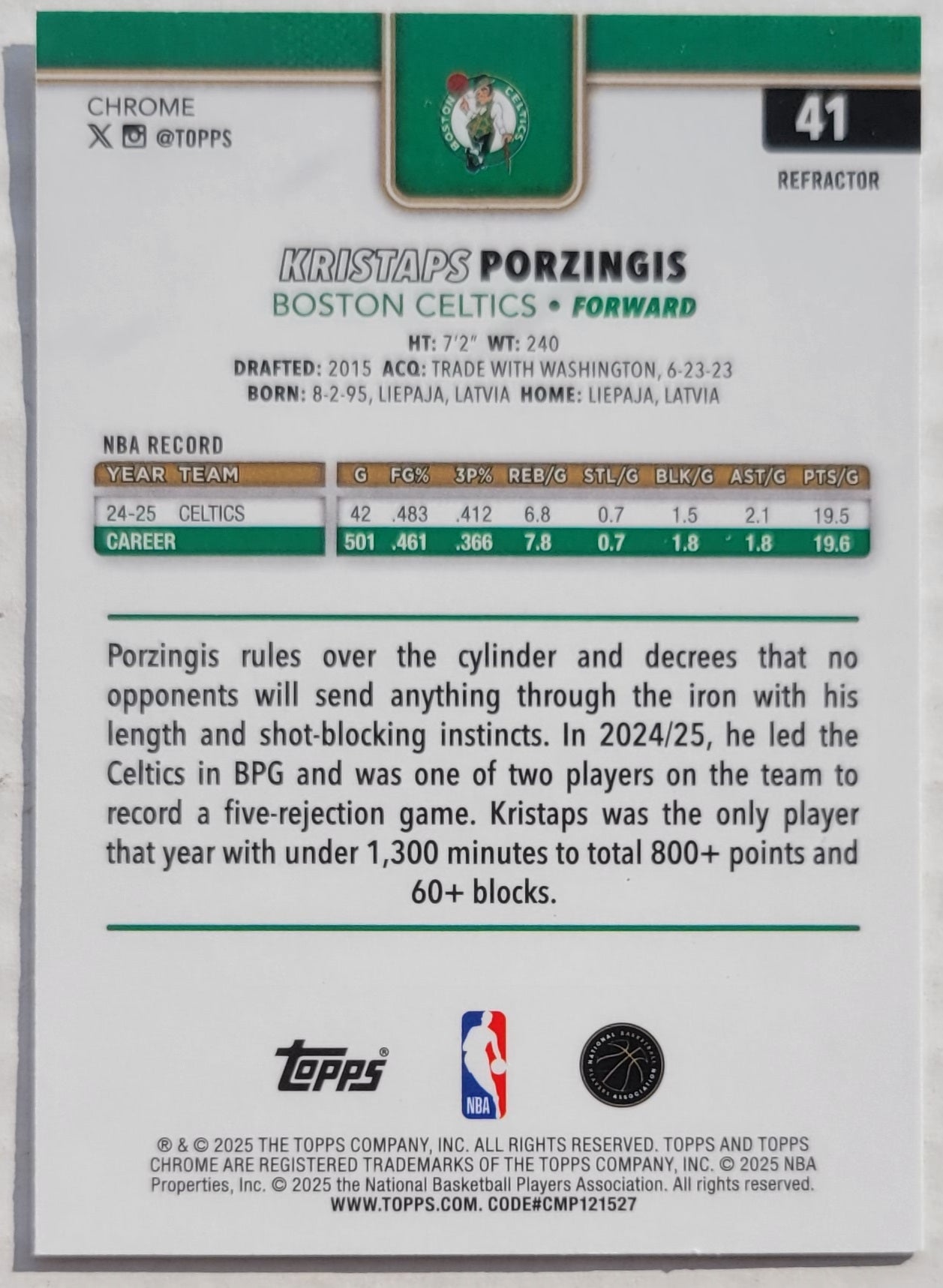 Kristaps Porzingis - 2025-26 Topps Chrome Refractors #41